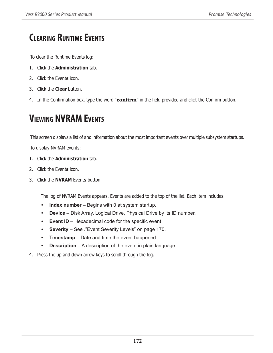 Clearing runtime events, Viewing nvram events, Learing | Untime, Vents, Iewing, Nvram e | Promise Technology 2-Year Extended Warranty for VessR2000 RAID Head User Manual | Page 199 / 705