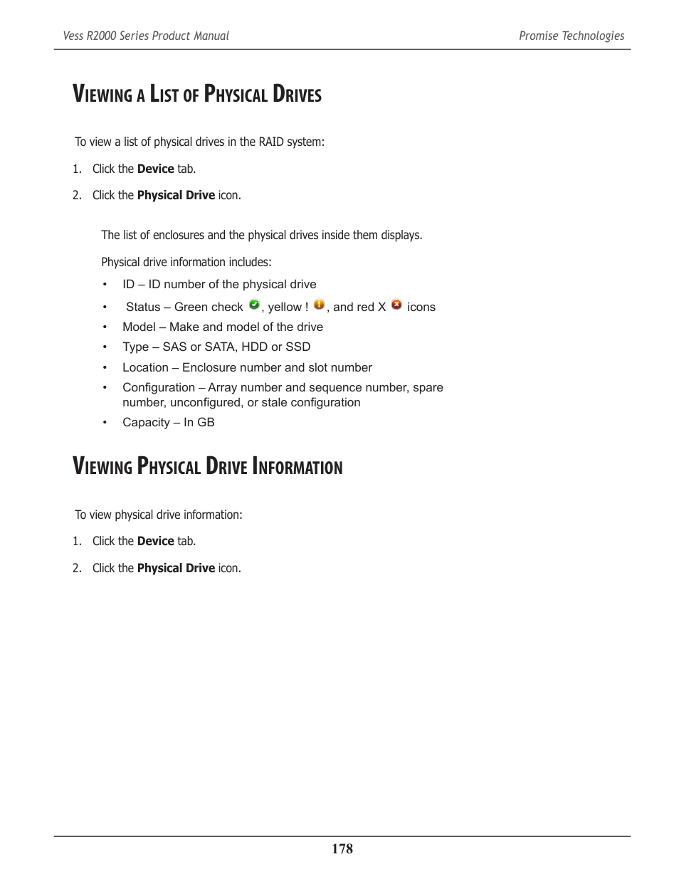 Viewing a list of physical drives, Viewing physical drive information, Iewing | Hysical, Rives, Rive, Nformation | Promise Technology 2-Year Extended Warranty for VessR2000 RAID Head User Manual | Page 205 / 705