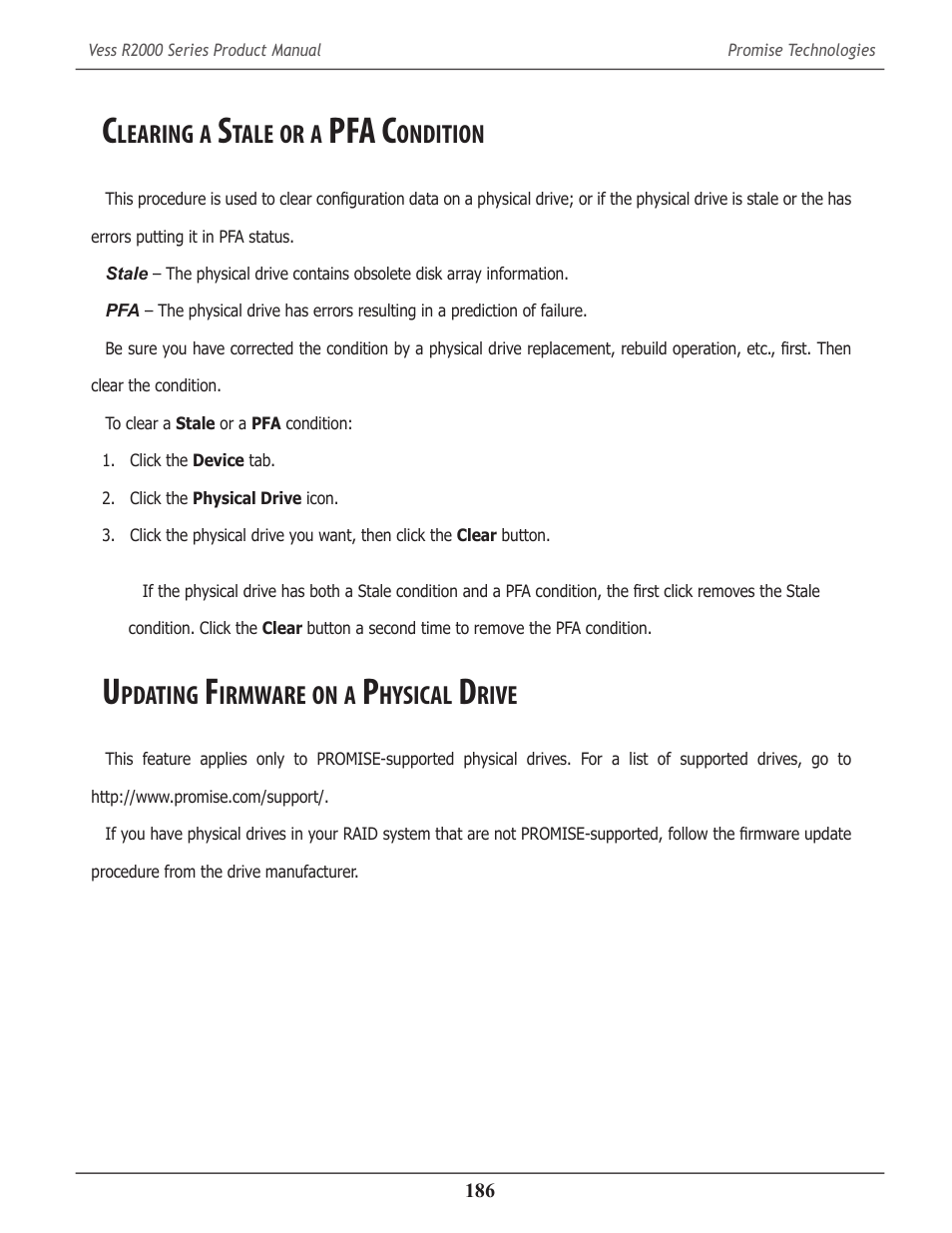 Clearing a stale or a pfa condition, Updating firmware on a physical drive, Learing | Tale, Pfa c, Ondition, Pdating, Irmware, Hysical, Rive | Promise Technology 2-Year Extended Warranty for VessR2000 RAID Head User Manual | Page 213 / 705