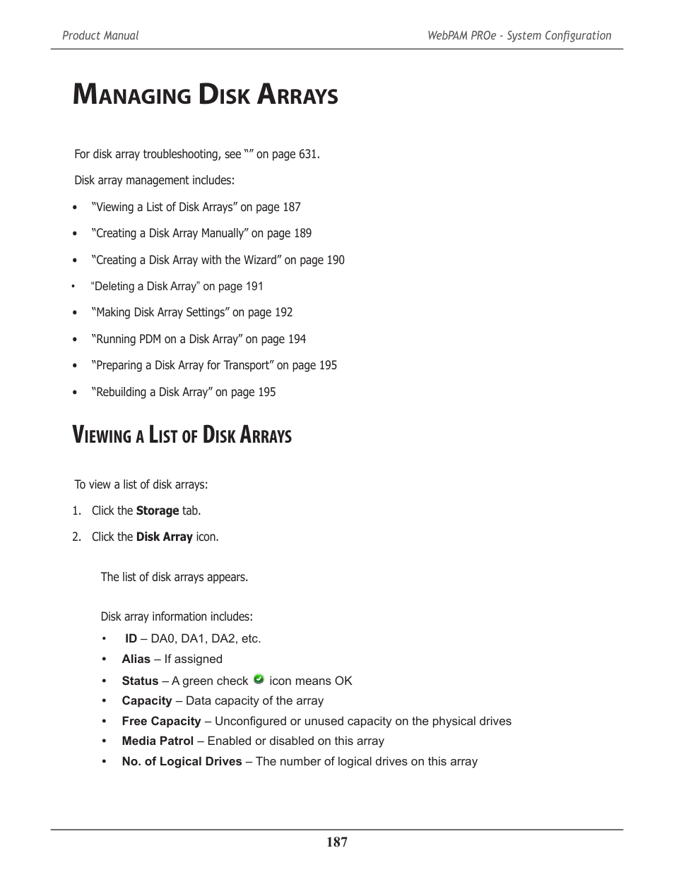Managing disk arrays, Viewing a list of disk arrays, Anaging | Rrays, Iewing | Promise Technology 2-Year Extended Warranty for VessR2000 RAID Head User Manual | Page 214 / 705