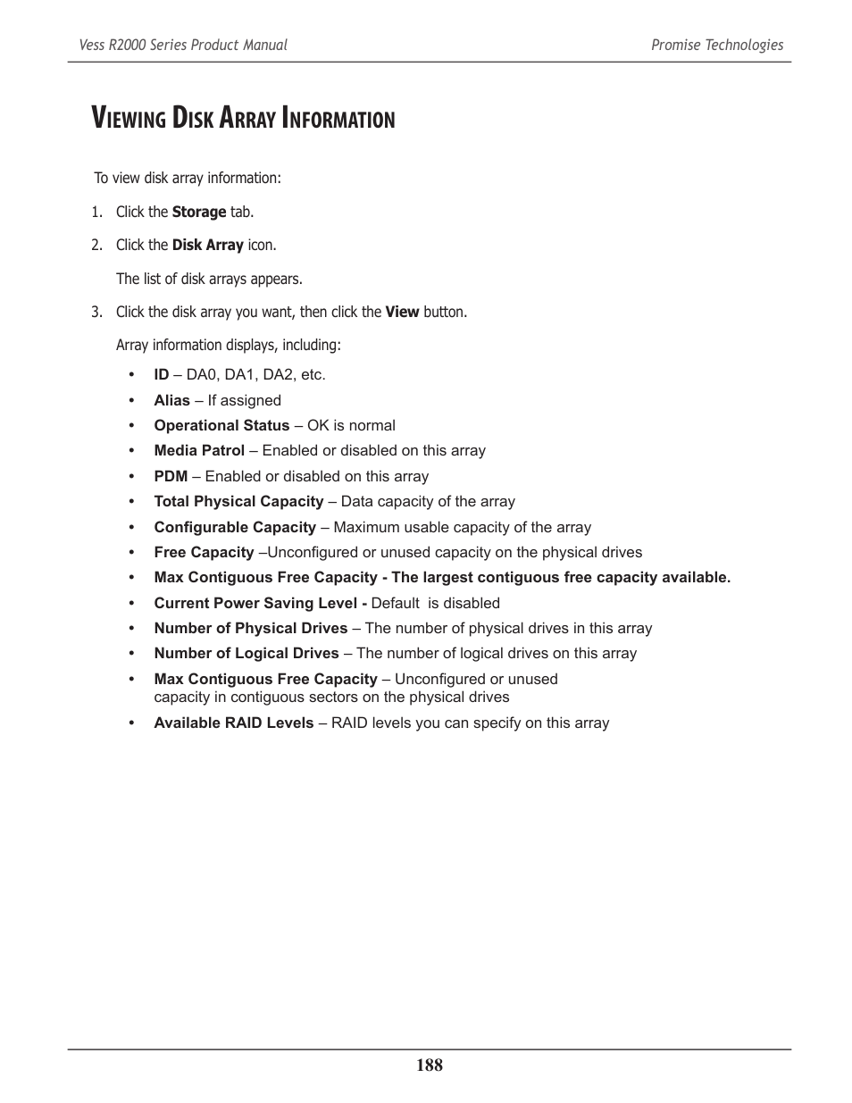 Viewing disk array information, Iewing, Rray | Nformation | Promise Technology 2-Year Extended Warranty for VessR2000 RAID Head User Manual | Page 215 / 705