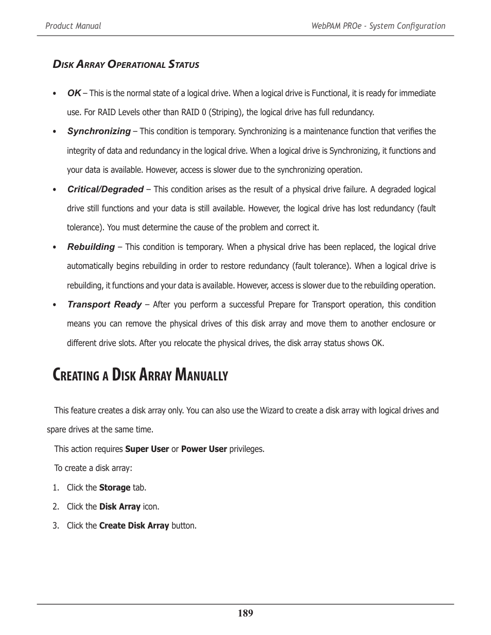 Disk array operational status, Creating a disk array manually, Rray | Perational, Tatus, Reating, Anually | Promise Technology 2-Year Extended Warranty for VessR2000 RAID Head User Manual | Page 216 / 705