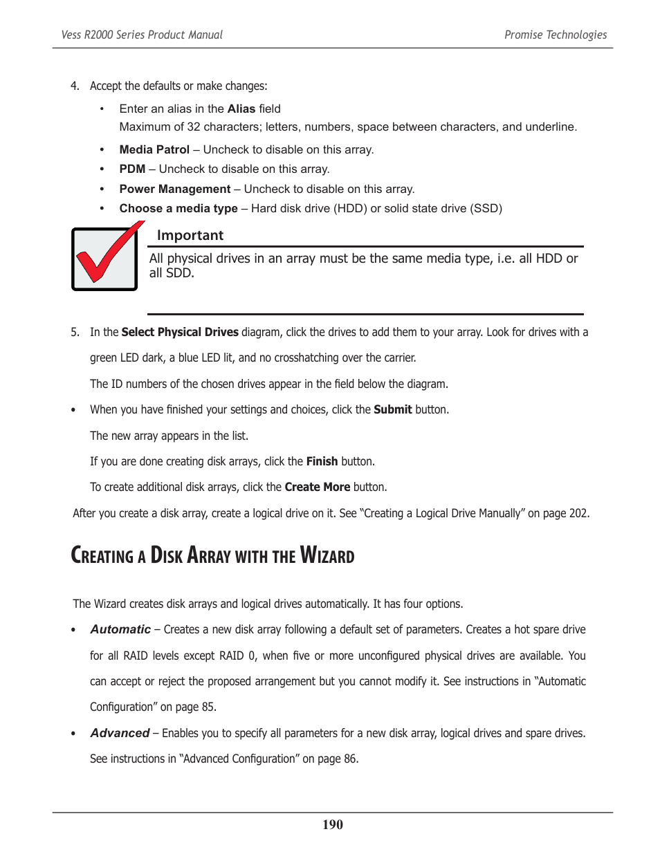 Creating a disk array with the wizard, Reating, Rray | With, Izard | Promise Technology 2-Year Extended Warranty for VessR2000 RAID Head User Manual | Page 217 / 705