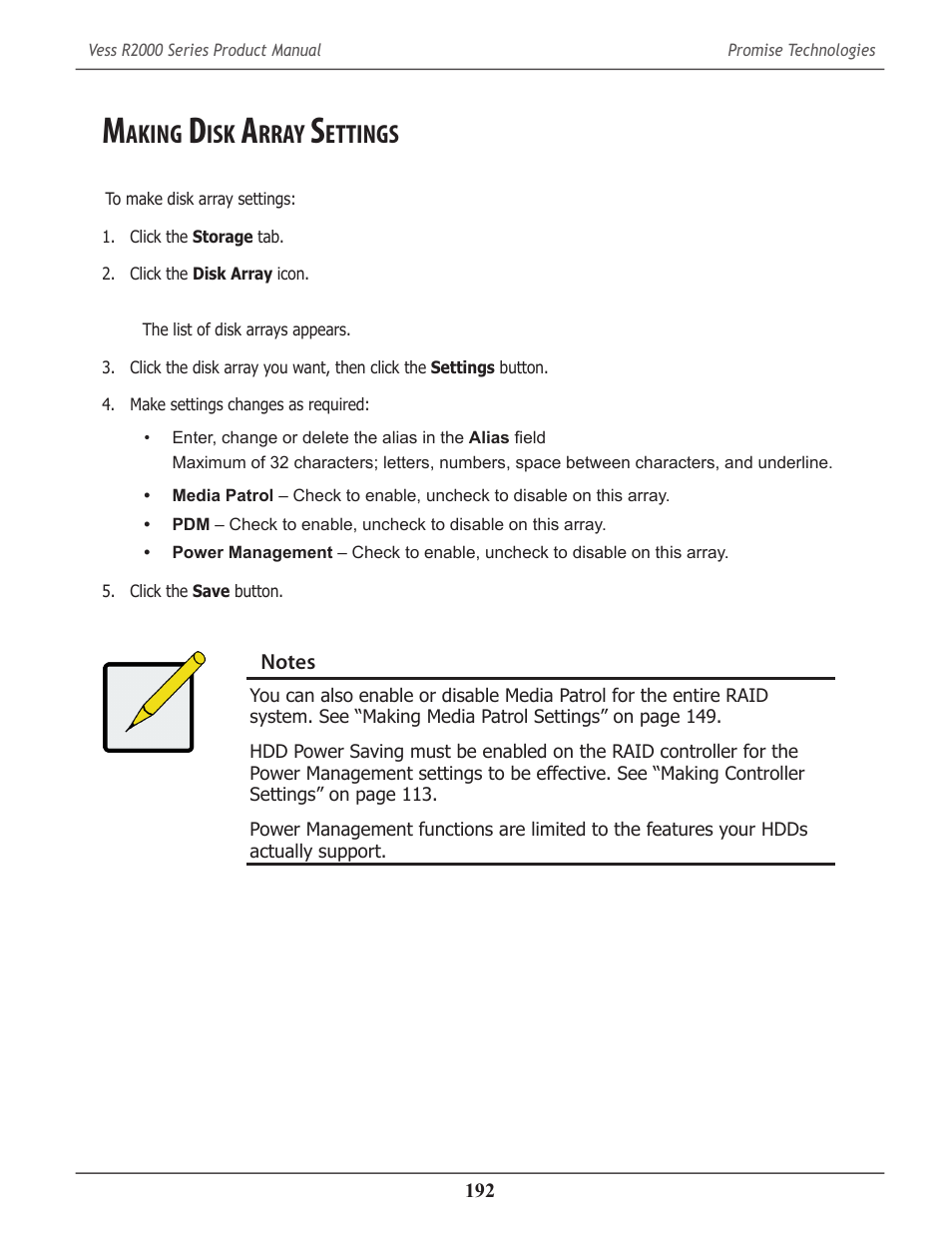 Making disk array settings, Aking, Rray | Ettings | Promise Technology 2-Year Extended Warranty for VessR2000 RAID Head User Manual | Page 219 / 705