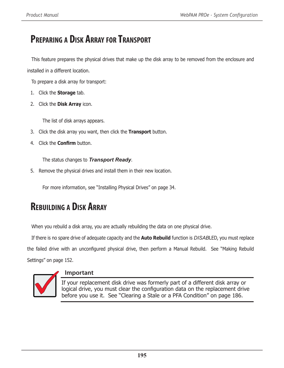 Preparing a disk array for transport, Rebuilding a disk array, Reparing | Rray, Ransport, Ebuilding | Promise Technology 2-Year Extended Warranty for VessR2000 RAID Head User Manual | Page 222 / 705