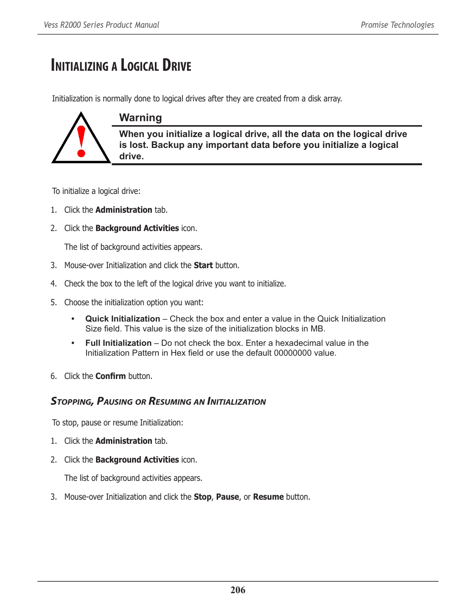 Initializing a logical drive, Stopping, pausing or resuming an initialization, Nitializing | Ogical, Rive, Topping, Ausing, Esuming, Nitialization | Promise Technology 2-Year Extended Warranty for VessR2000 RAID Head User Manual | Page 233 / 705