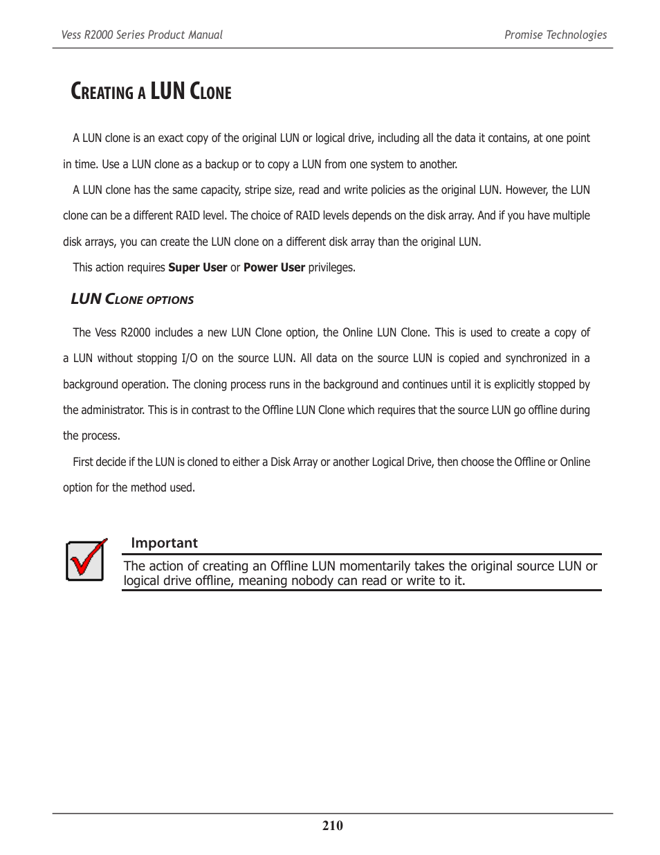 Creating a lun clone, Lun clone options, Reating | Lun c, Lone, Options | Promise Technology 2-Year Extended Warranty for VessR2000 RAID Head User Manual | Page 237 / 705