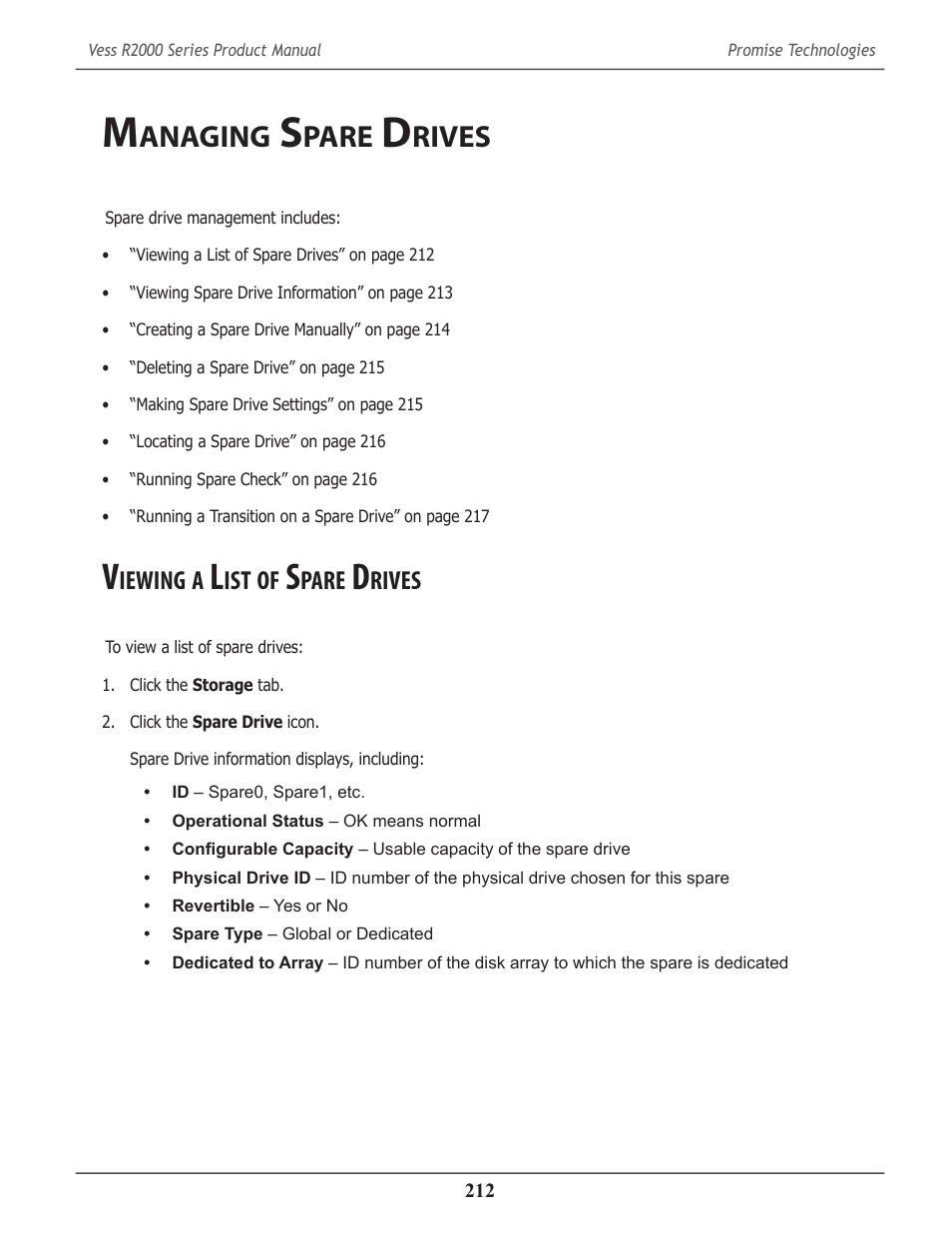 Managing spare drives, Viewing a list of spare drives, Anaging | Pare, Rives, Iewing | Promise Technology 2-Year Extended Warranty for VessR2000 RAID Head User Manual | Page 239 / 705