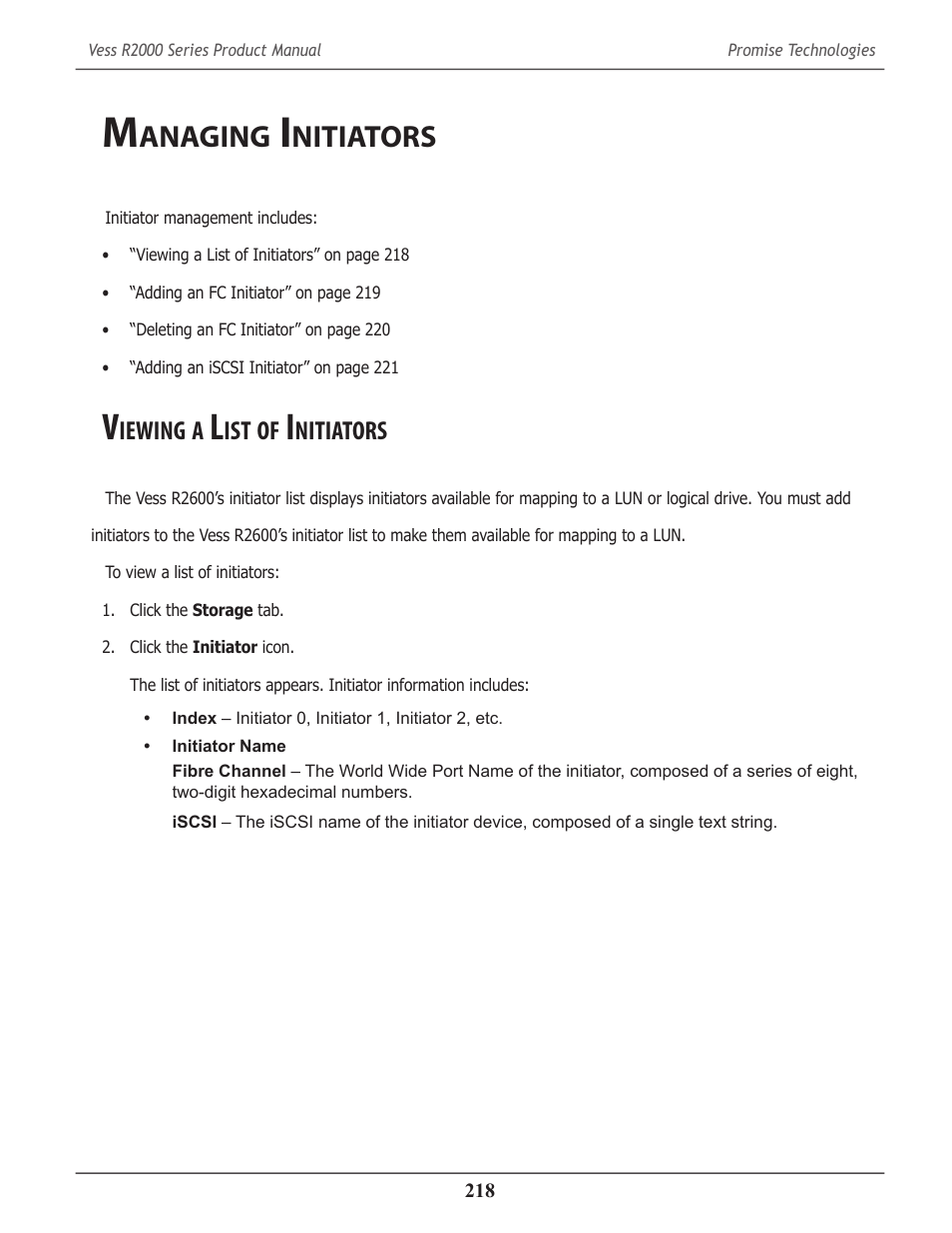 Managing initiators, Viewing a list of initiators, Anaging | Nitiators, Iewing | Promise Technology 2-Year Extended Warranty for VessR2000 RAID Head User Manual | Page 245 / 705