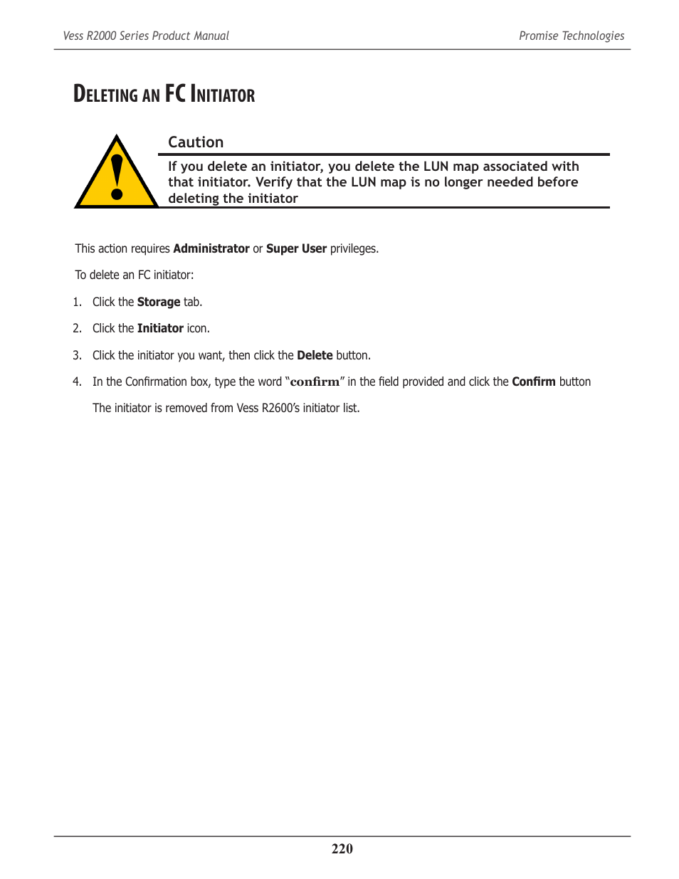 Deleting an fc initiator, Eleting, Fc i | Nitiator | Promise Technology 2-Year Extended Warranty for VessR2000 RAID Head User Manual | Page 247 / 705