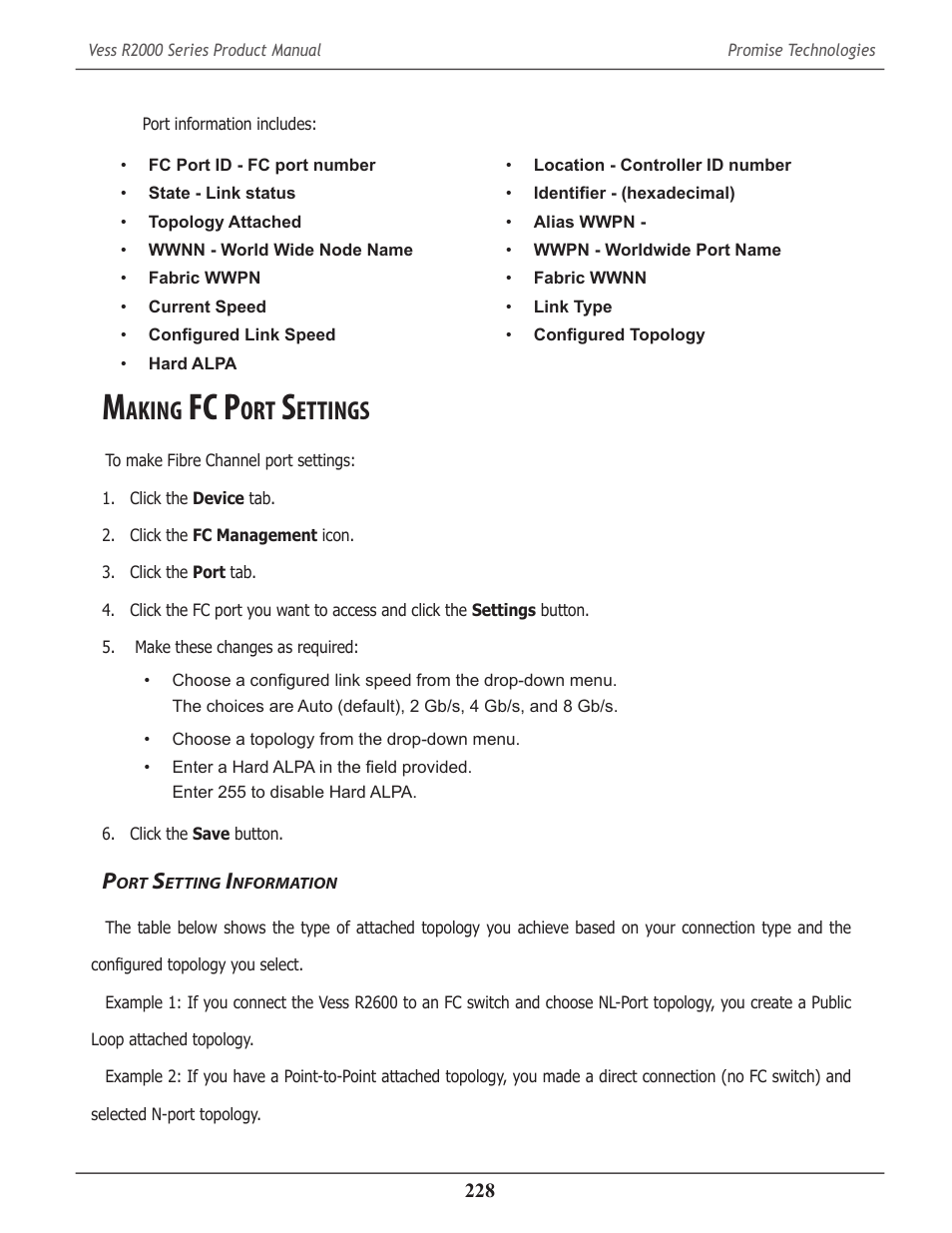 Making fc port settings, Port setting information, Aking | Fc p, Ettings, Etting, Nformation | Promise Technology 2-Year Extended Warranty for VessR2000 RAID Head User Manual | Page 255 / 705