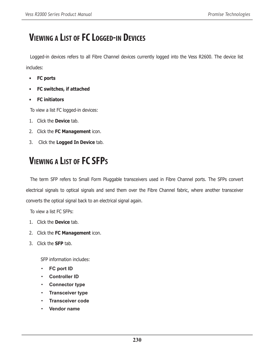 Viewing a list of fc logged-in devices, Viewing a list of fc sfps, Iewing | Fc l, Ogged, Evices, Fc sfp | Promise Technology 2-Year Extended Warranty for VessR2000 RAID Head User Manual | Page 257 / 705