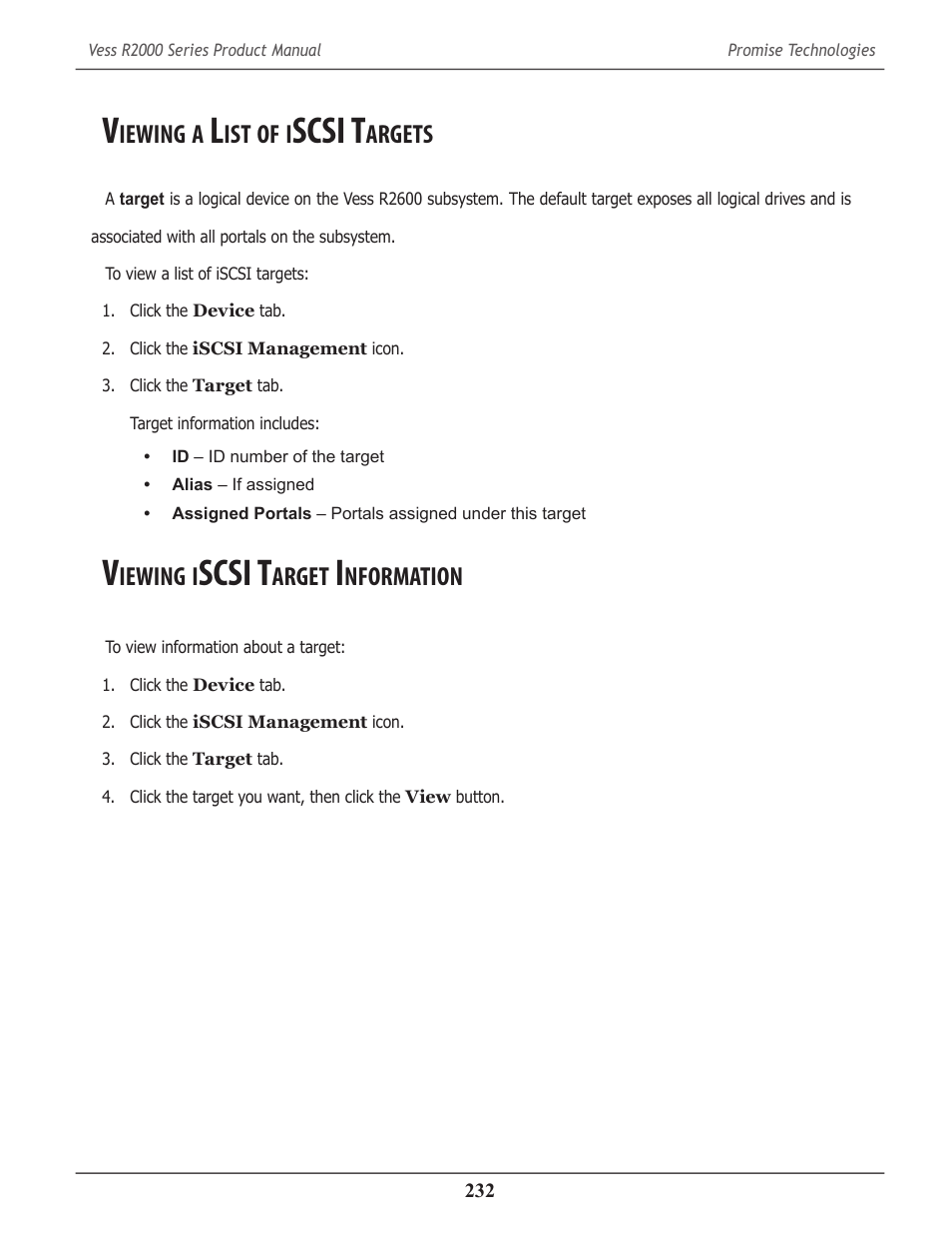 Viewing a list of iscsi targets, Viewing iscsi target information, Iewing | Scsi t, Argets, Arget, Nformation | Promise Technology 2-Year Extended Warranty for VessR2000 RAID Head User Manual | Page 259 / 705