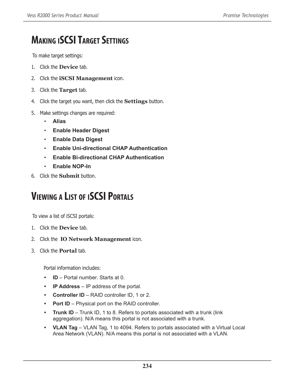 Making iscsi target settings, Viewing a list of iscsi portals, Aking | Scsi t, Arget, Ettings, Iewing, Scsi p, Ortals | Promise Technology 2-Year Extended Warranty for VessR2000 RAID Head User Manual | Page 261 / 705