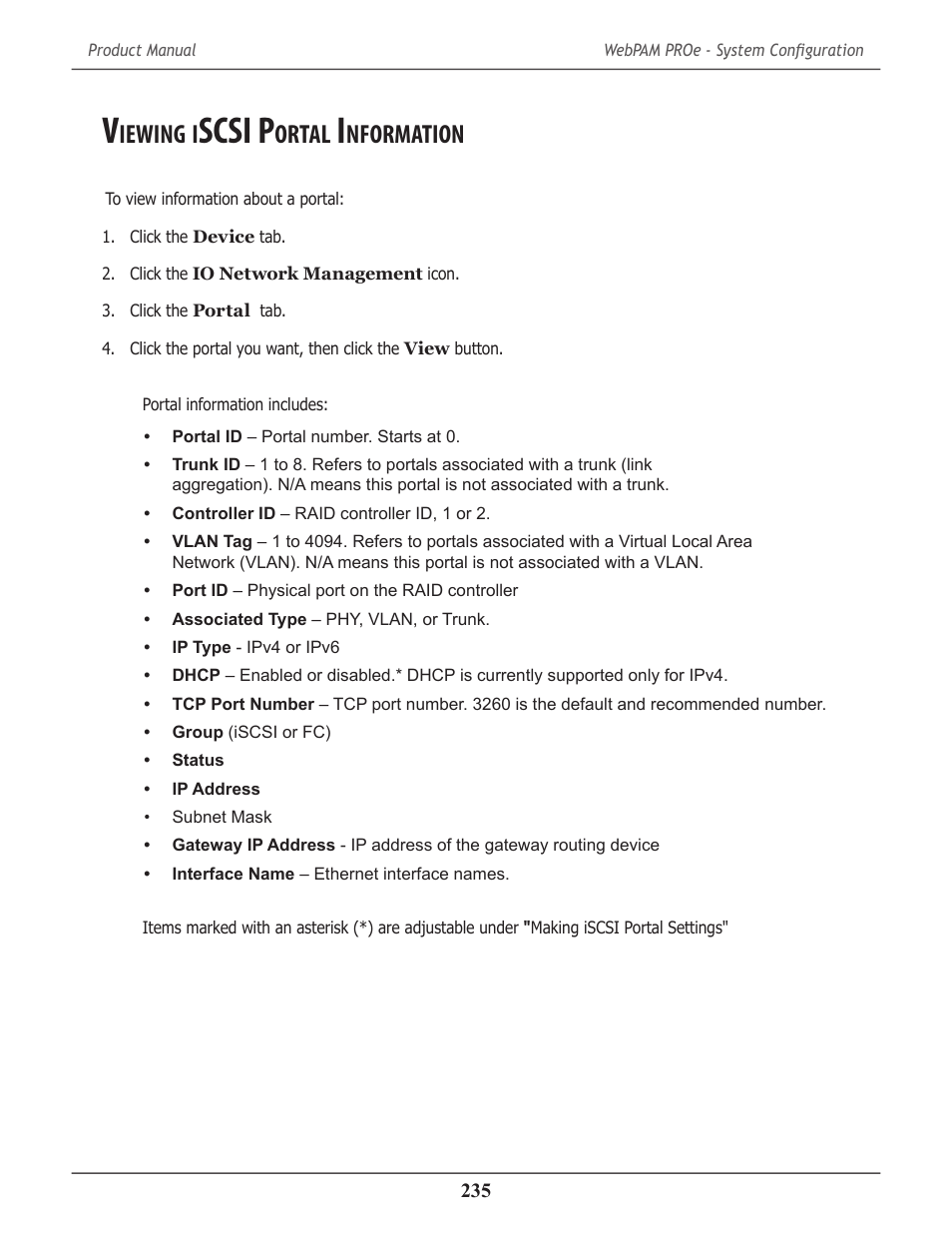 Viewing iscsi portal information, Iewing, Scsi p | Ortal, Nformation | Promise Technology 2-Year Extended Warranty for VessR2000 RAID Head User Manual | Page 262 / 705