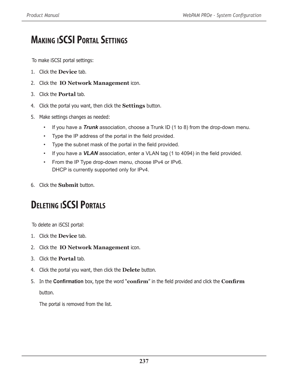 Making iscsi portal settings, Deleting iscsi portals, Aking | Scsi p, Ortal, Ettings, Eleting, Ortals | Promise Technology 2-Year Extended Warranty for VessR2000 RAID Head User Manual | Page 264 / 705