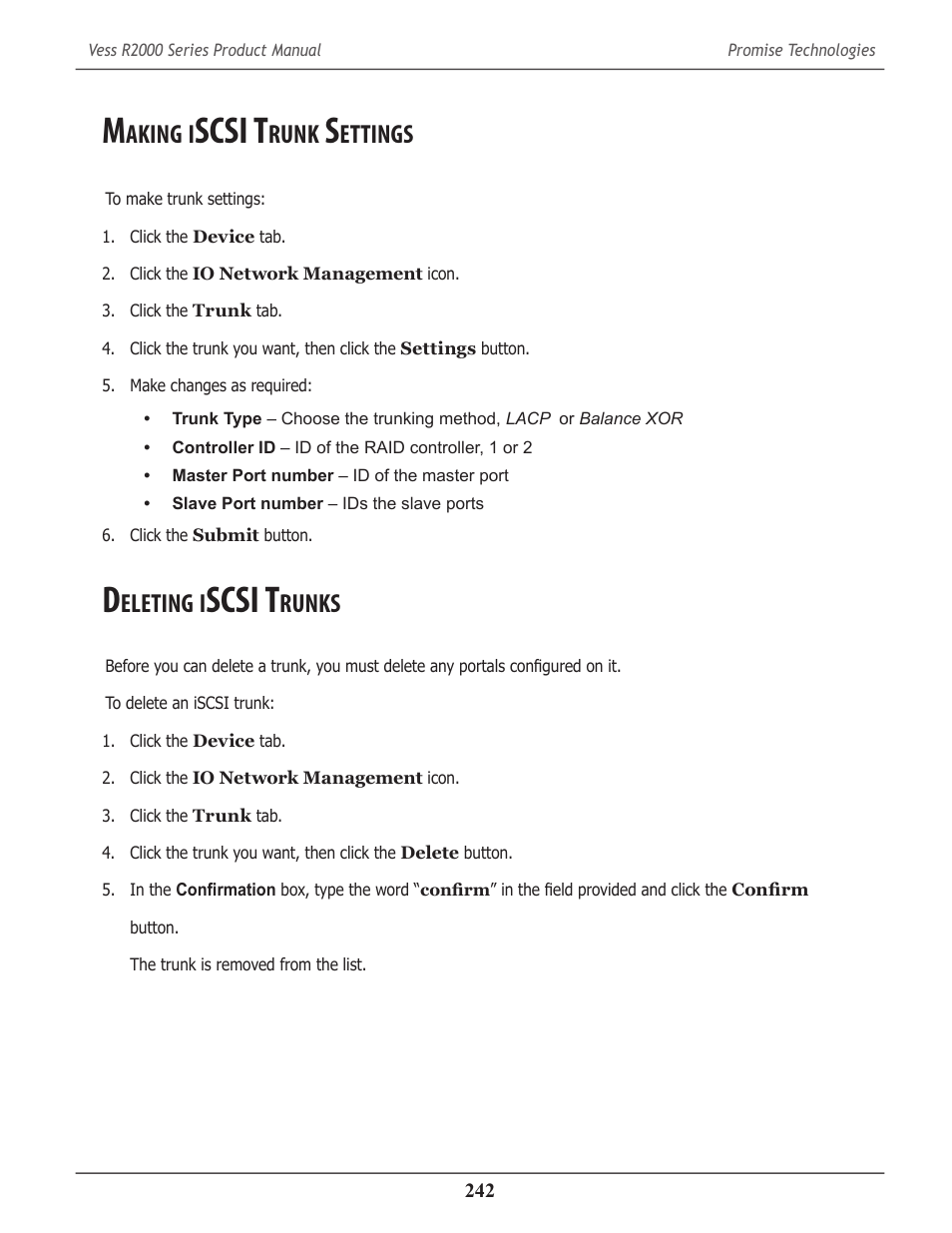 Making iscsi trunk settings, Deleting iscsi trunks, Aking | Scsi t, Runk, Ettings, Eleting, Runks | Promise Technology 2-Year Extended Warranty for VessR2000 RAID Head User Manual | Page 269 / 705