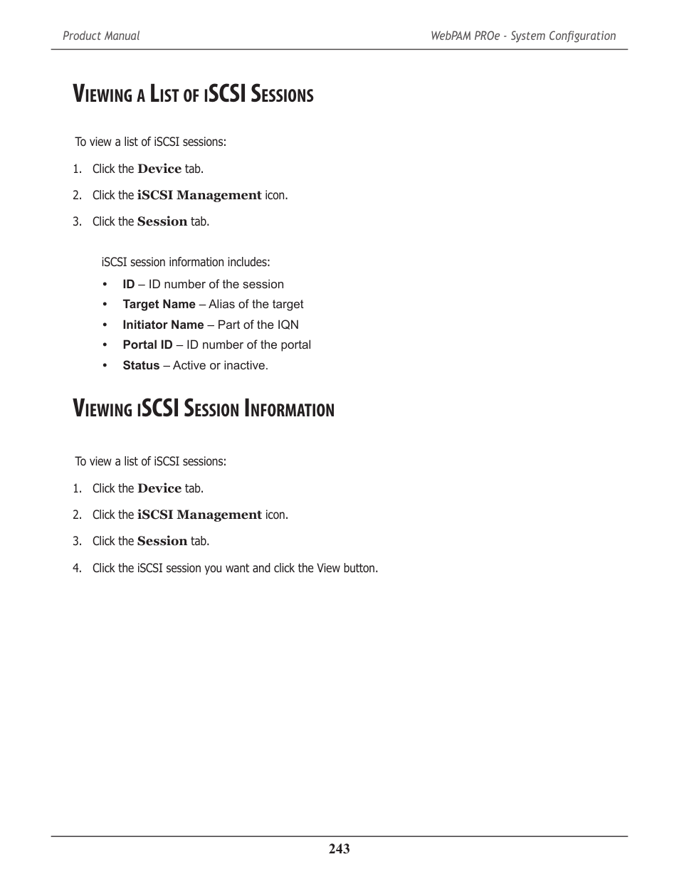 Viewing a list of iscsi sessions, Viewing iscsi session information, Iewing | Scsi s, Essions, Ession, Nformation | Promise Technology 2-Year Extended Warranty for VessR2000 RAID Head User Manual | Page 270 / 705