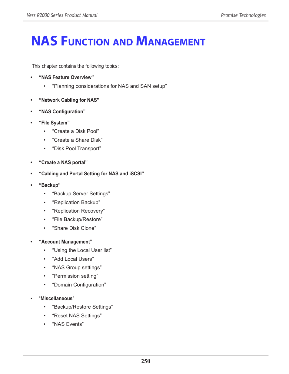 Nas function and management, Nas function and management 250, Nas f | Unction, Anagement | Promise Technology 2-Year Extended Warranty for VessR2000 RAID Head User Manual | Page 277 / 705