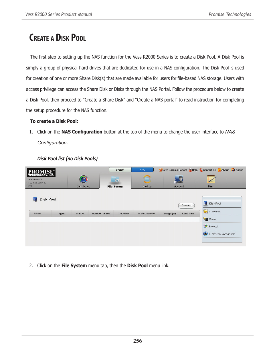 Create a disk pool, Reate | Promise Technology 2-Year Extended Warranty for VessR2000 RAID Head User Manual | Page 283 / 705
