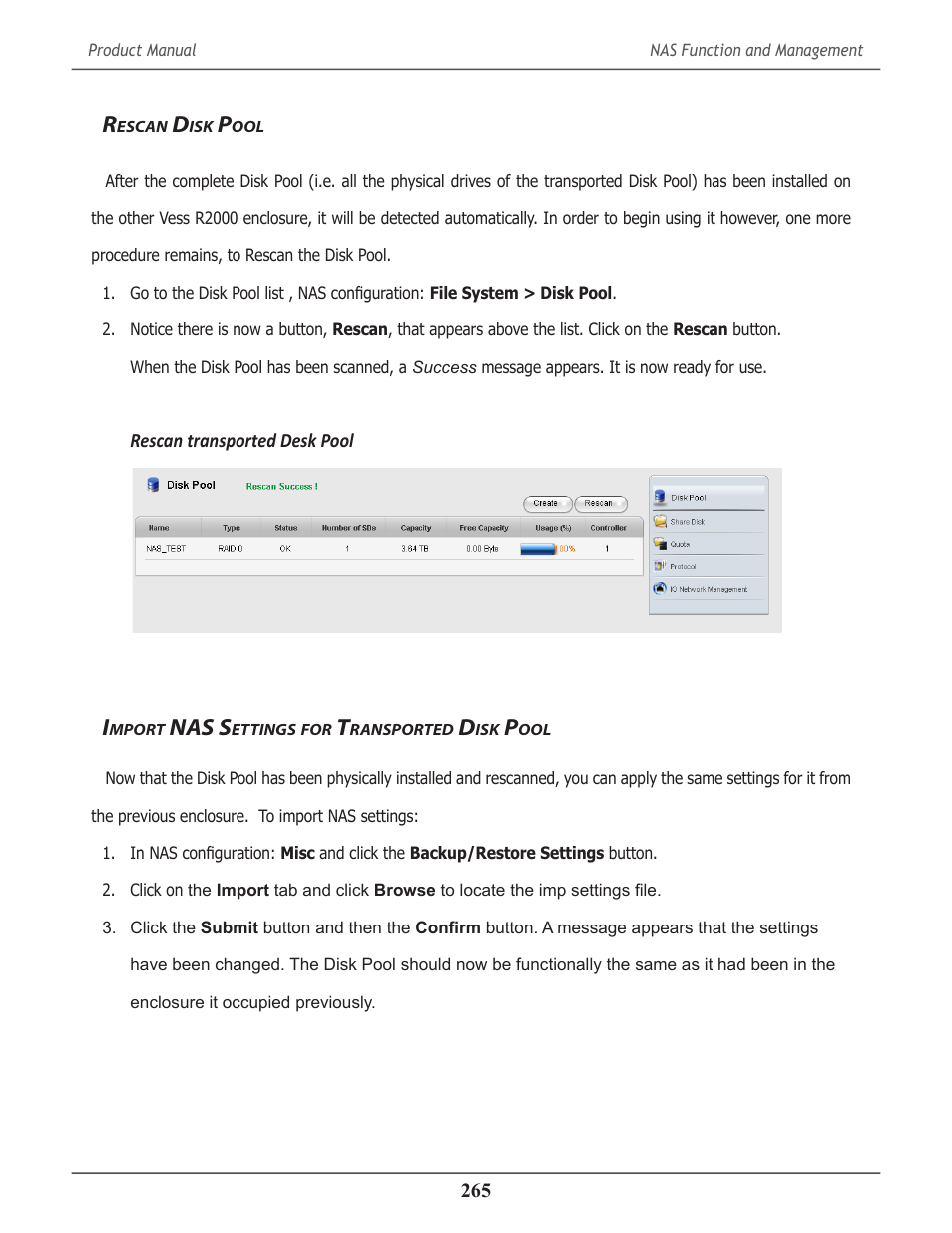 Rescan disk pool, Import nas settings for transported disk pool, Escan | Mport, Nas s, Ettings, Ransported | Promise Technology 2-Year Extended Warranty for VessR2000 RAID Head User Manual | Page 292 / 705