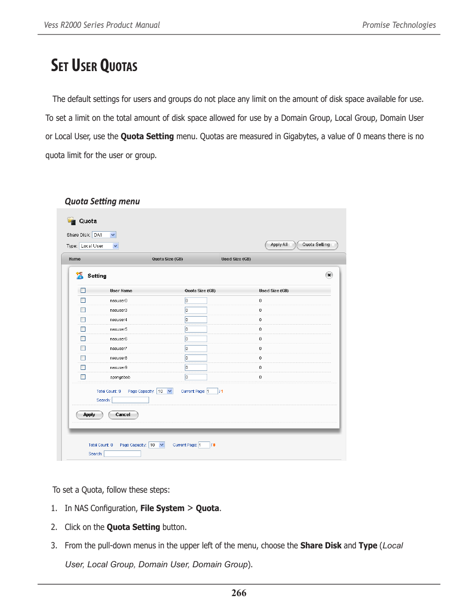 Set user quotas, Uotas | Promise Technology 2-Year Extended Warranty for VessR2000 RAID Head User Manual | Page 293 / 705