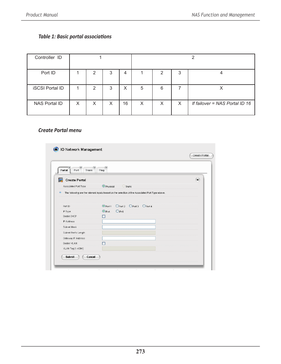 Table 1: basic portal associations, Create portal menu | Promise Technology 2-Year Extended Warranty for VessR2000 RAID Head User Manual | Page 300 / 705