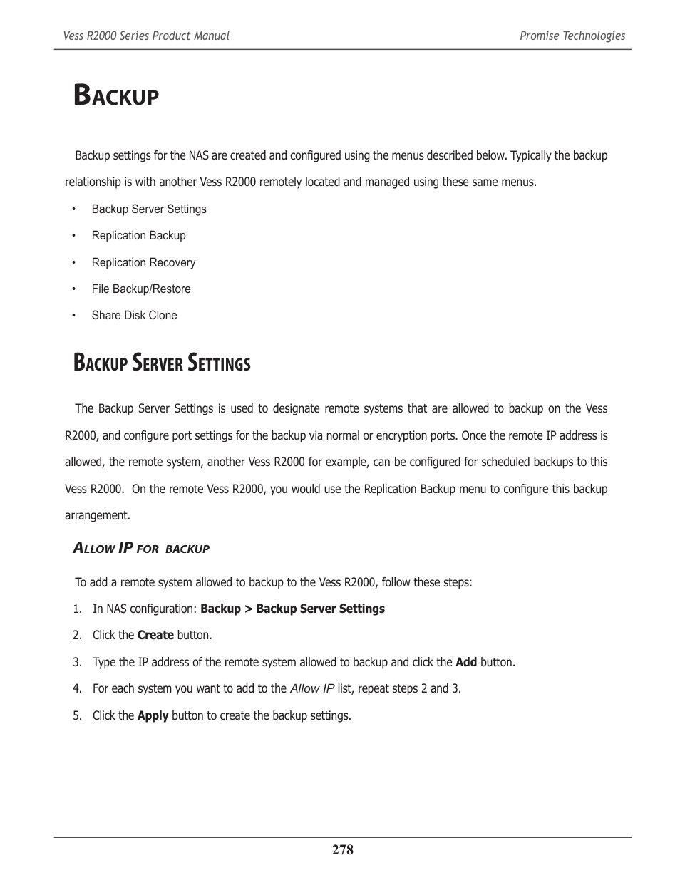 Backup, Backup server settings, Allow ip for backup | Ackup, Erver, Ettings, Llow | Promise Technology 2-Year Extended Warranty for VessR2000 RAID Head User Manual | Page 305 / 705