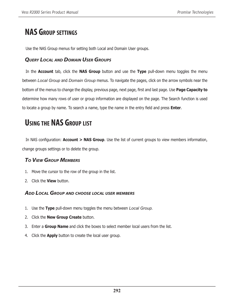Nas group settings, Query local and domain user groups, Using the nas group list | To view group members, Add local group and choose local user members, Nas g, Roup, Settings, Uery, Ocal | Promise Technology 2-Year Extended Warranty for VessR2000 RAID Head User Manual | Page 319 / 705