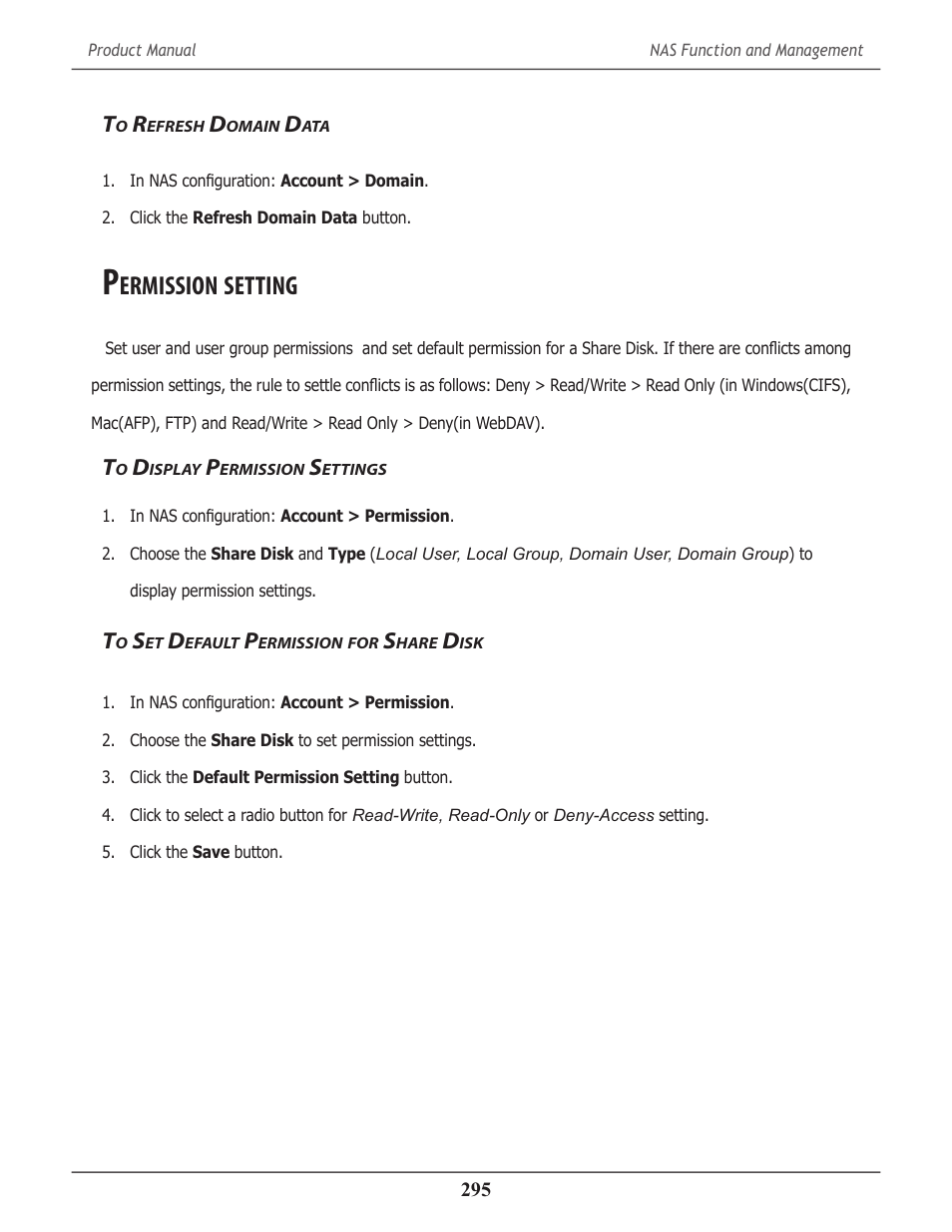 To refresh domain data, Permission setting, To display permission settings | To set default permission for share disk, Efresh, Omain, Ermission, Setting, Isplay, Ettings | Promise Technology 2-Year Extended Warranty for VessR2000 RAID Head User Manual | Page 322 / 705