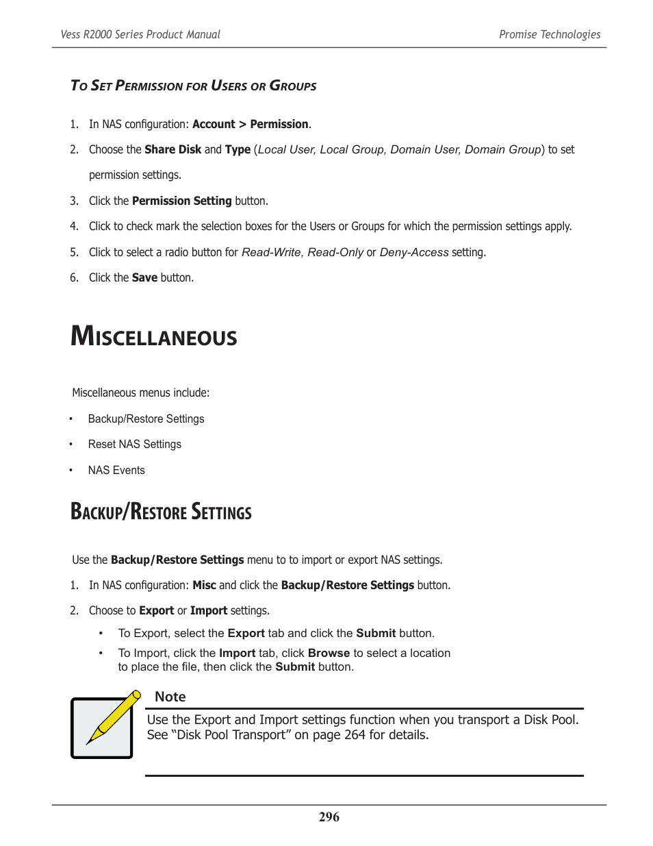 To set permission for users or groups, Miscellaneous, Backup/restore settings | Ermission, Sers, Roups, Iscellaneous, Ackup, Estore, Ettings | Promise Technology 2-Year Extended Warranty for VessR2000 RAID Head User Manual | Page 323 / 705