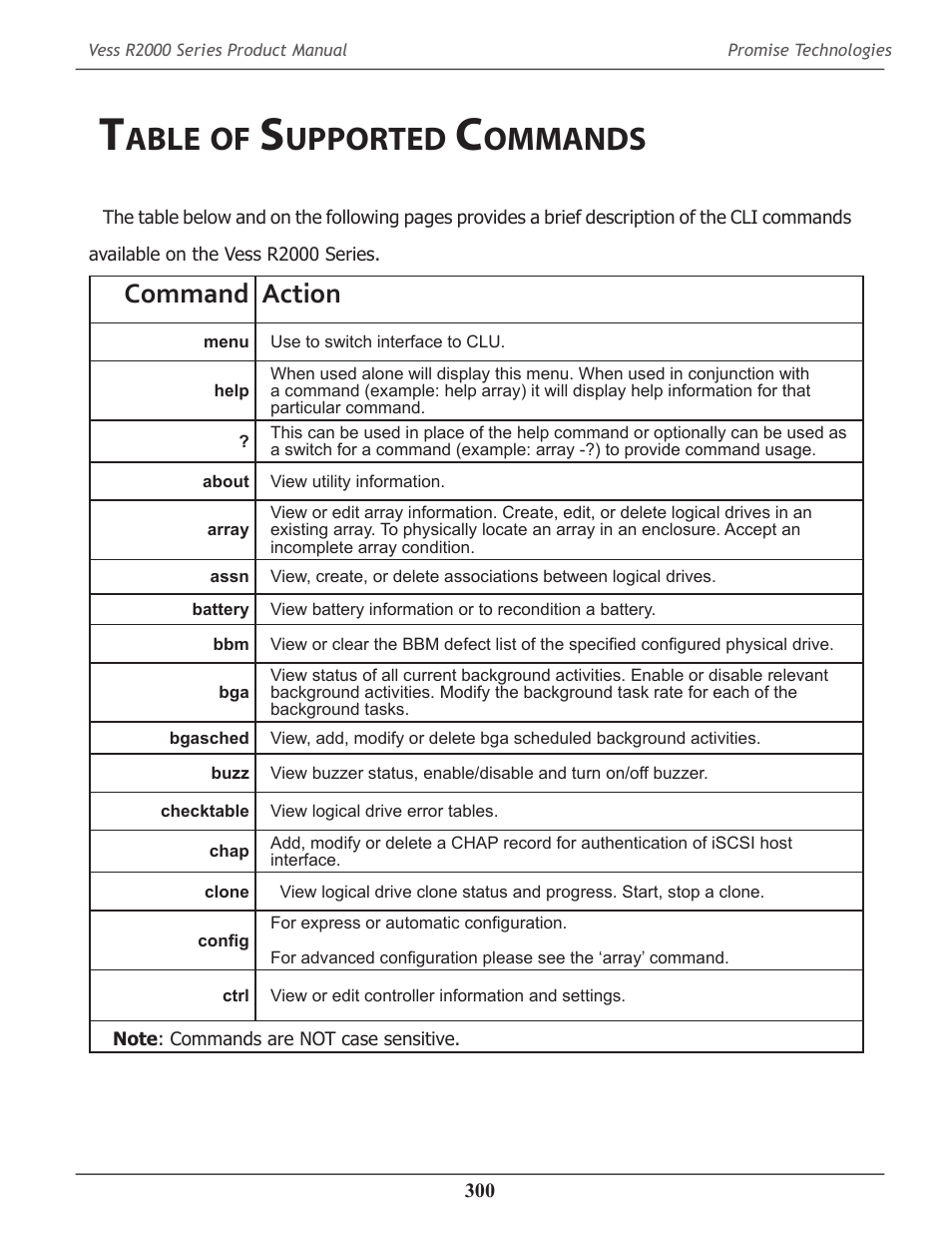 Table of supported commands, Able, Upported | Ommands, Command action | Promise Technology 2-Year Extended Warranty for VessR2000 RAID Head User Manual | Page 327 / 705