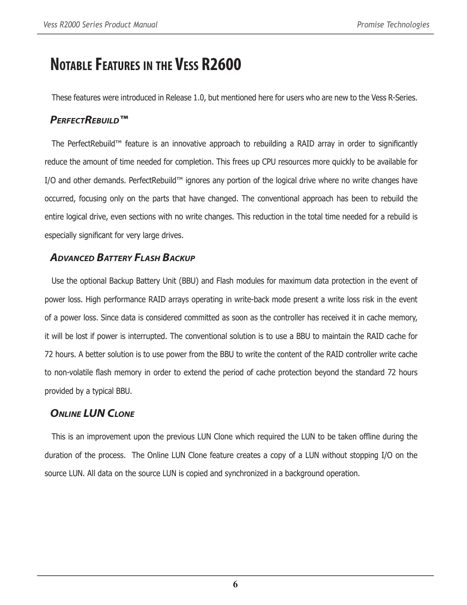 Notable features in the vess r2600, Perfectrebuild, Advanced battery flash backup | Online lun clone, Otable, Eatures, R2600 6, Erfect, Ebuild, Dvanced | Promise Technology 2-Year Extended Warranty for VessR2000 RAID Head User Manual | Page 33 / 705