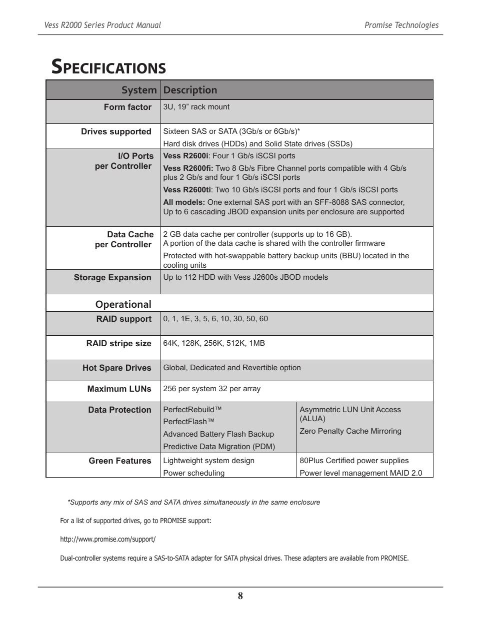 Specifications, Pecifications, System description | Operational | Promise Technology 2-Year Extended Warranty for VessR2000 RAID Head User Manual | Page 35 / 705