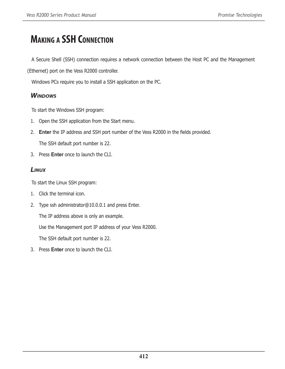 Making a ssh connection, Windows, Linux | Aking, Ssh c, Onnection, Indows, Inux | Promise Technology 2-Year Extended Warranty for VessR2000 RAID Head User Manual | Page 439 / 705