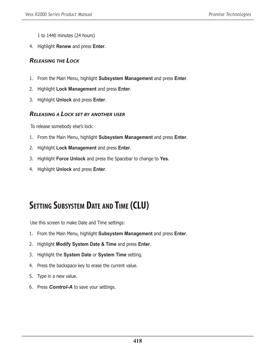 Releasing the lock, Releasing a lock set by another user, Setting subsystem date and time (clu) | Eleasing, Another, User, Etting, Ubsystem, Clu) 418, Clu) | Promise Technology 2-Year Extended Warranty for VessR2000 RAID Head User Manual | Page 445 / 705