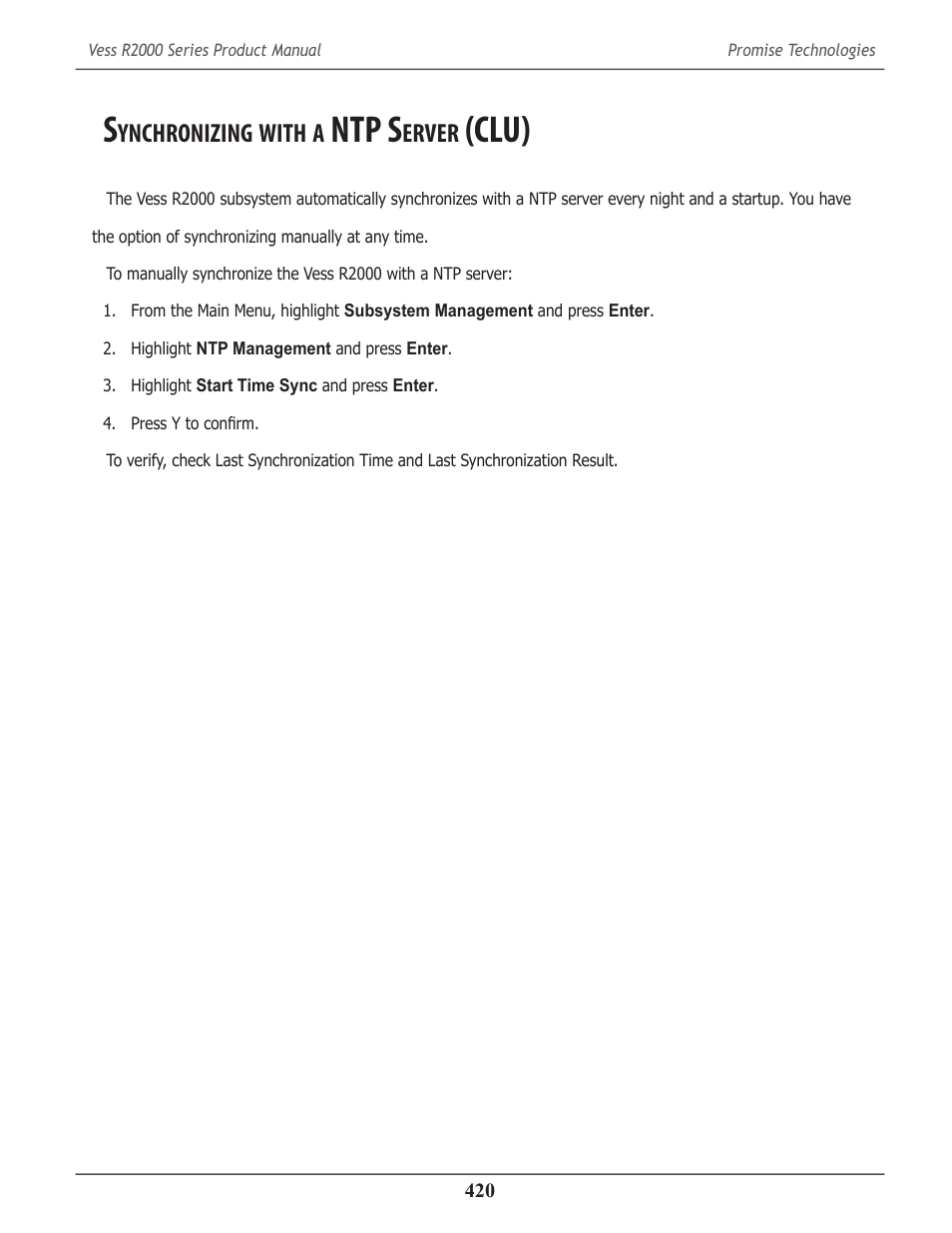 Synchronizing with a ntp server (clu), Ynchronizing, With | Ntp s, Erver, Clu) 420, Clu) | Promise Technology 2-Year Extended Warranty for VessR2000 RAID Head User Manual | Page 447 / 705