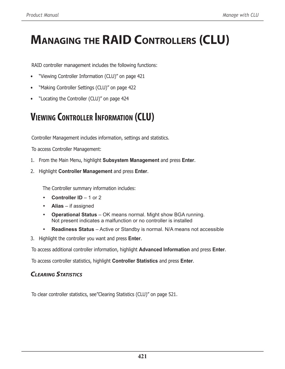 Managing the raid controllers (clu), Viewing controller information (clu), Clearing statistics | Anaging, Raid c, Ontrollers, Clu) 421, Iewing, Ontroller, Nformation | Promise Technology 2-Year Extended Warranty for VessR2000 RAID Head User Manual | Page 448 / 705