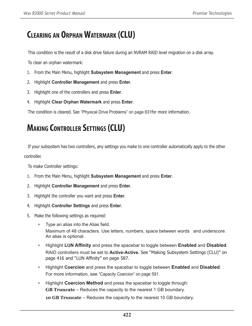 Clearing an orphan watermark (clu), Making controller settings (clu), Learing | Rphan, Atermark, Clu) 422, Aking, Ontroller, Ettings, Clu) | Promise Technology 2-Year Extended Warranty for VessR2000 RAID Head User Manual | Page 449 / 705