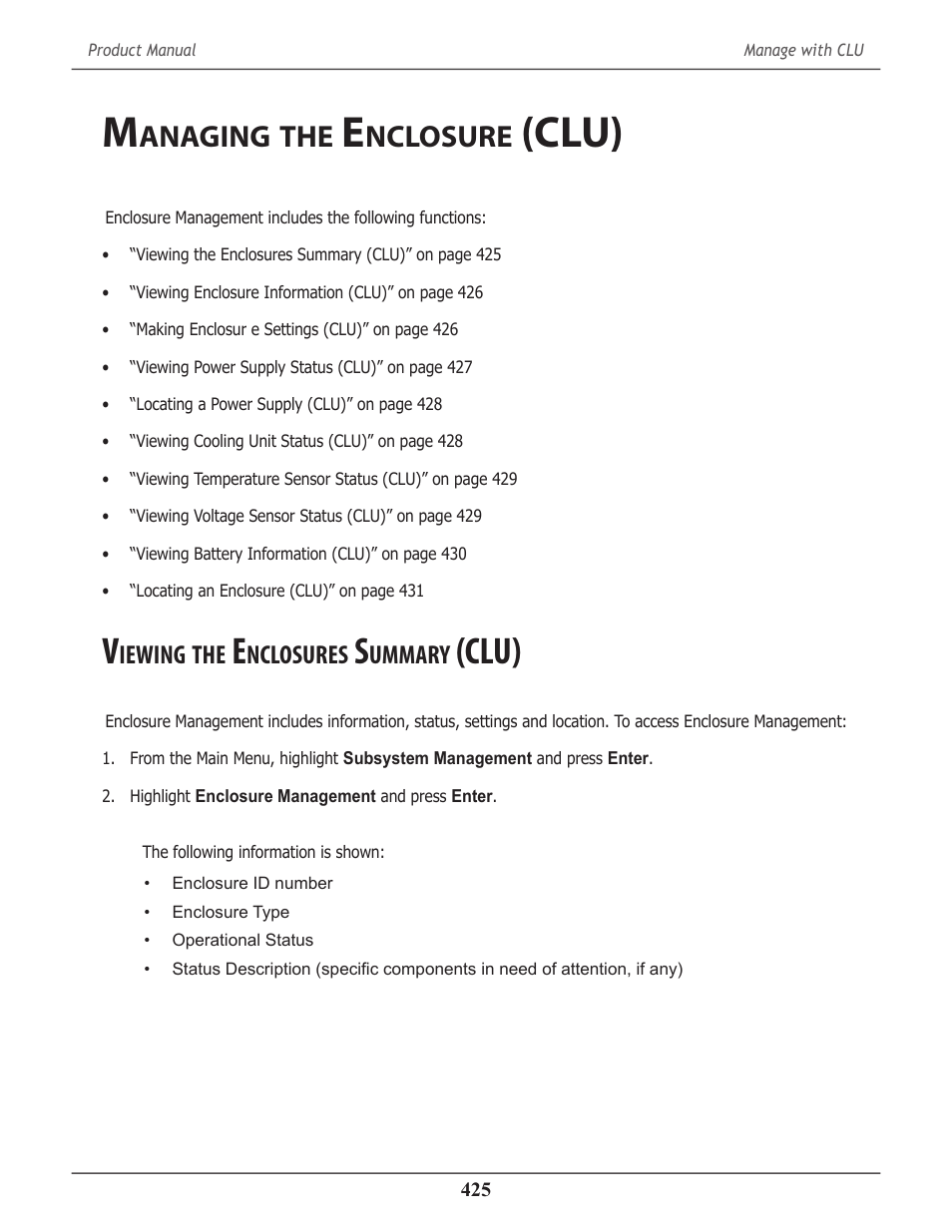 Managing the enclosure (clu), Viewing the enclosures summary (clu), Anaging | Nclosure, Clu), Iewing, Nclosures, Ummary, Clu) 425 | Promise Technology 2-Year Extended Warranty for VessR2000 RAID Head User Manual | Page 452 / 705