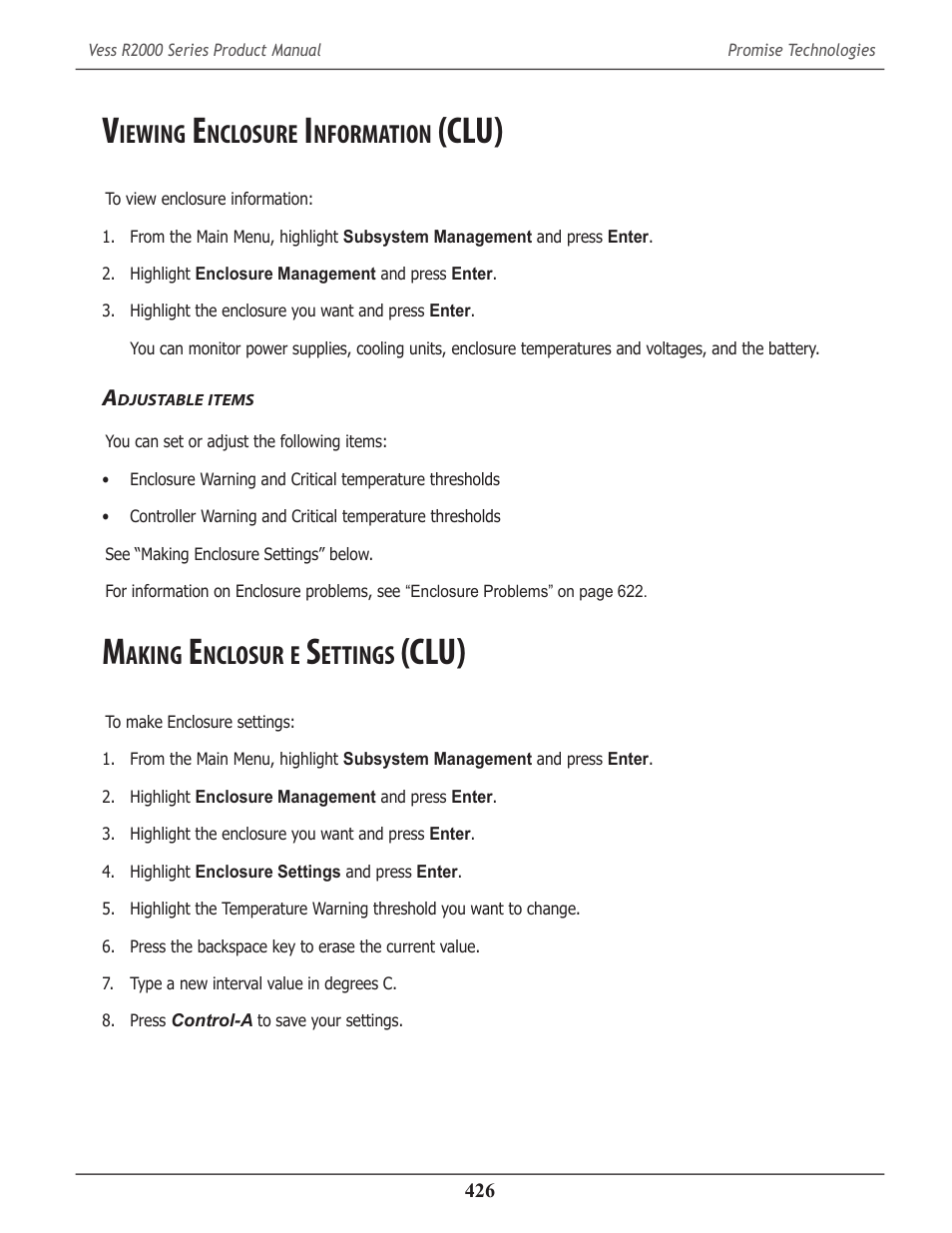 Viewing enclosure information (clu), Adjustable items, Making enclosur e settings (clu) | Iewing, Nclosure, Nformation, Clu) 426, Djustable, Items, Aking | Promise Technology 2-Year Extended Warranty for VessR2000 RAID Head User Manual | Page 453 / 705