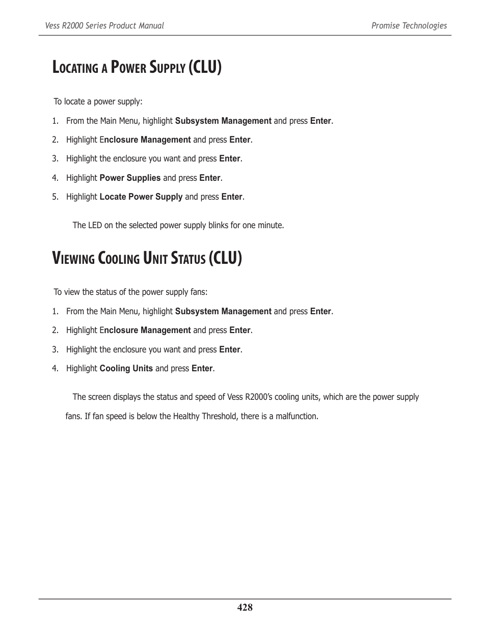 Locating a power supply (clu), Viewing cooling unit status (clu), Ocating | Ower, Upply, Clu), Iewing, Ooling, Tatus | Promise Technology 2-Year Extended Warranty for VessR2000 RAID Head User Manual | Page 455 / 705