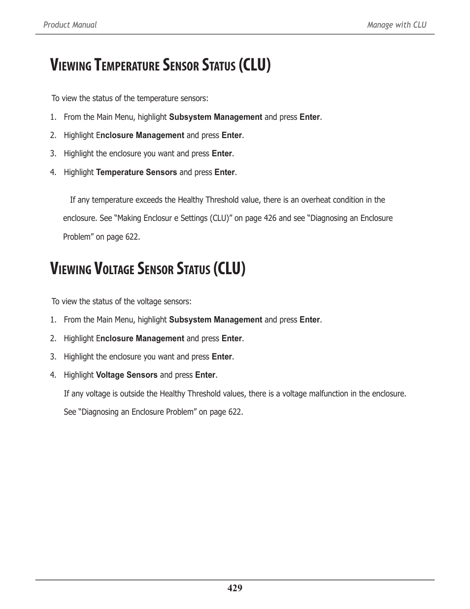 Viewing temperature sensor status (clu), Viewing voltage sensor status (clu), Iewing | Emperature, Ensor, Tatus, Clu), Oltage, Clu) 429 | Promise Technology 2-Year Extended Warranty for VessR2000 RAID Head User Manual | Page 456 / 705