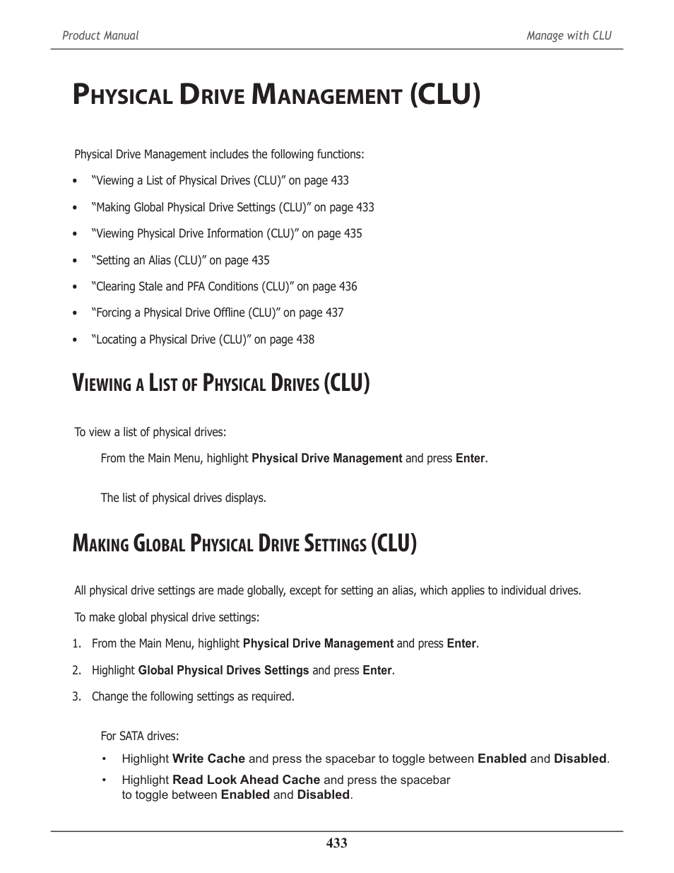 Physical drive management (clu), Viewing a list of physical drives (clu), Making global physical drive settings (clu) | Hysical, Rive, Anagement, Clu), Iewing, Rives, Clu) 433 | Promise Technology 2-Year Extended Warranty for VessR2000 RAID Head User Manual | Page 460 / 705