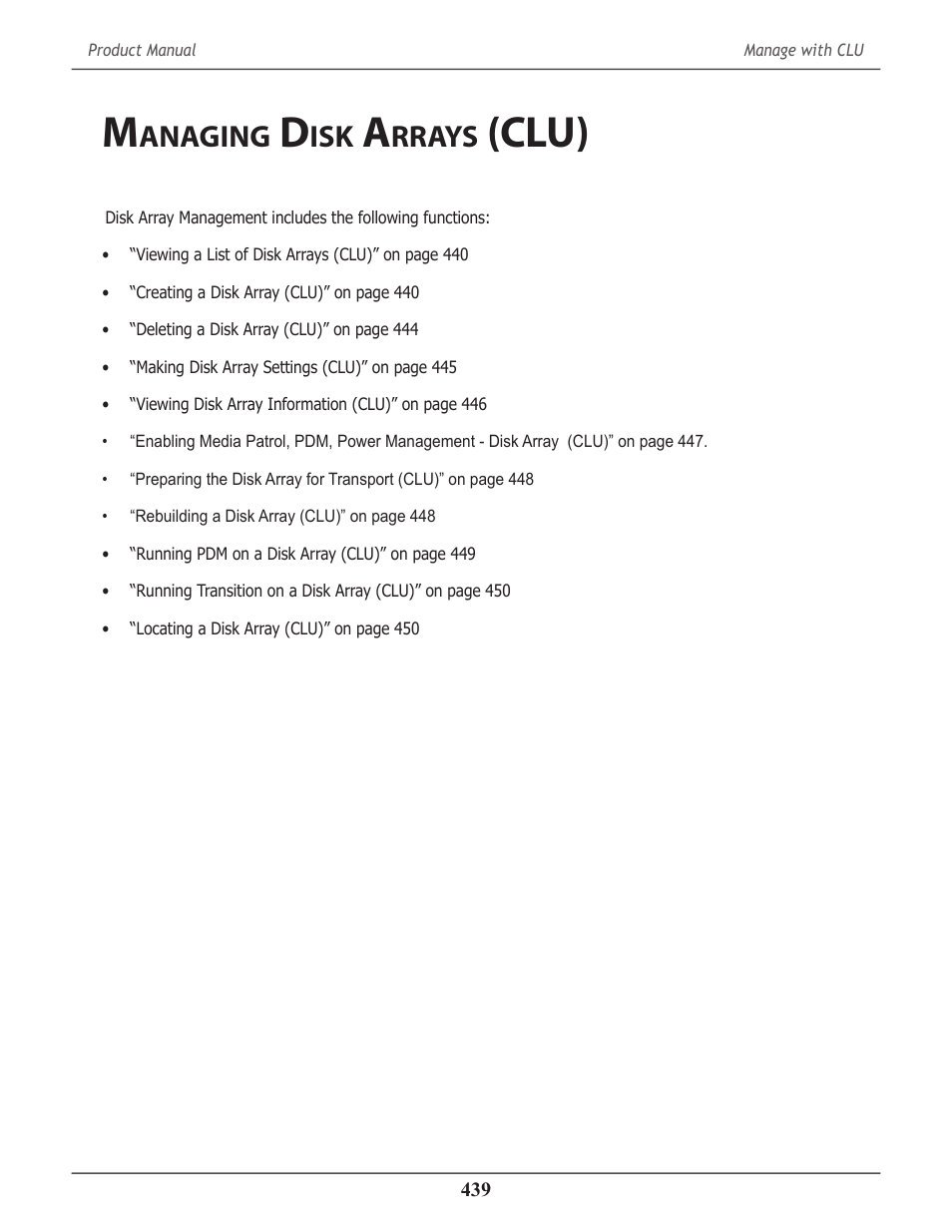 Managing disk arrays (clu), Anaging, Rrays | Clu) 439, Clu) | Promise Technology 2-Year Extended Warranty for VessR2000 RAID Head User Manual | Page 466 / 705