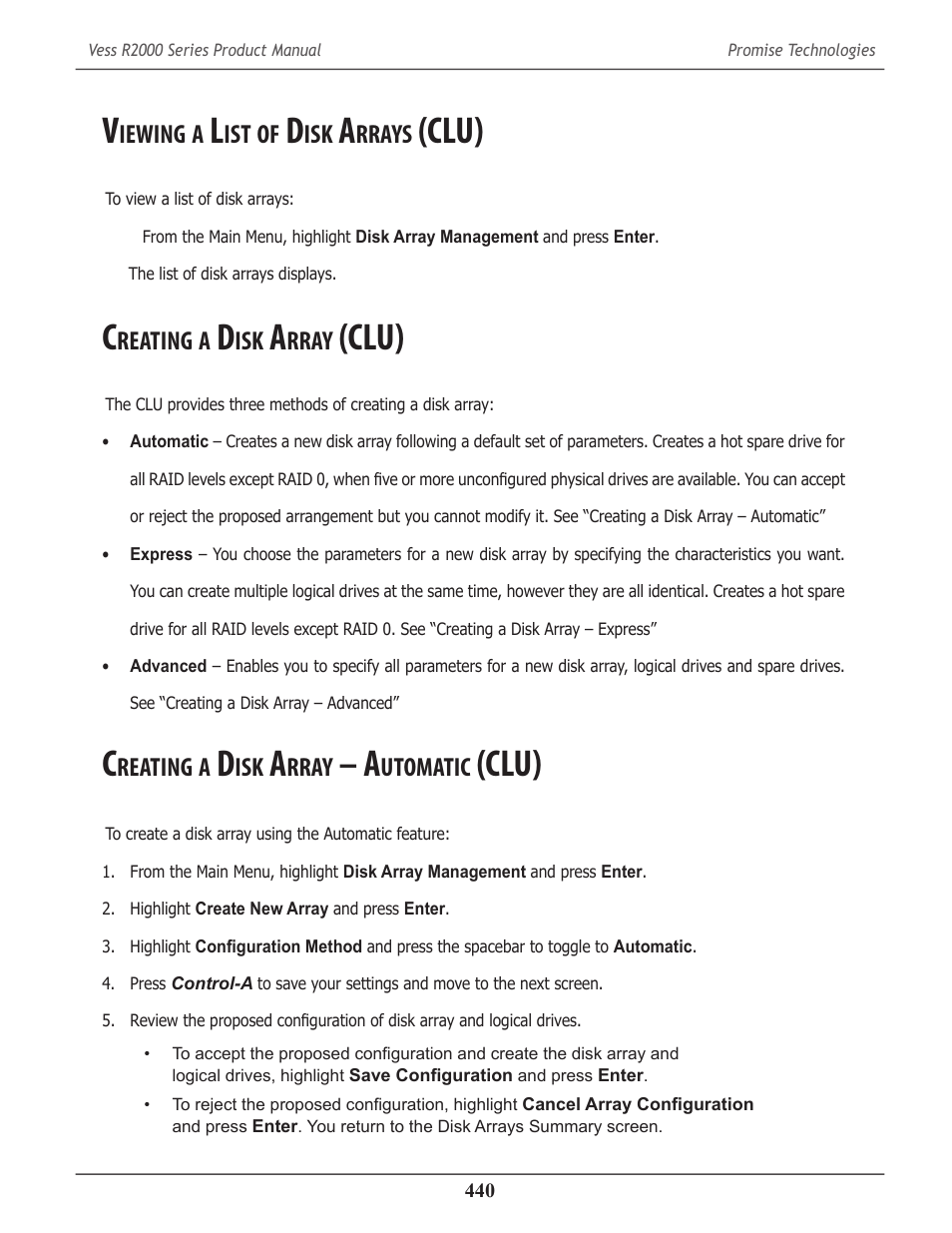 Viewing a list of disk arrays (clu), Creating a disk array (clu), Creating a disk array – automatic (clu) | Iewing, Rrays, Clu) 440, Reating, Rray, Utomatic, Clu) | Promise Technology 2-Year Extended Warranty for VessR2000 RAID Head User Manual | Page 467 / 705