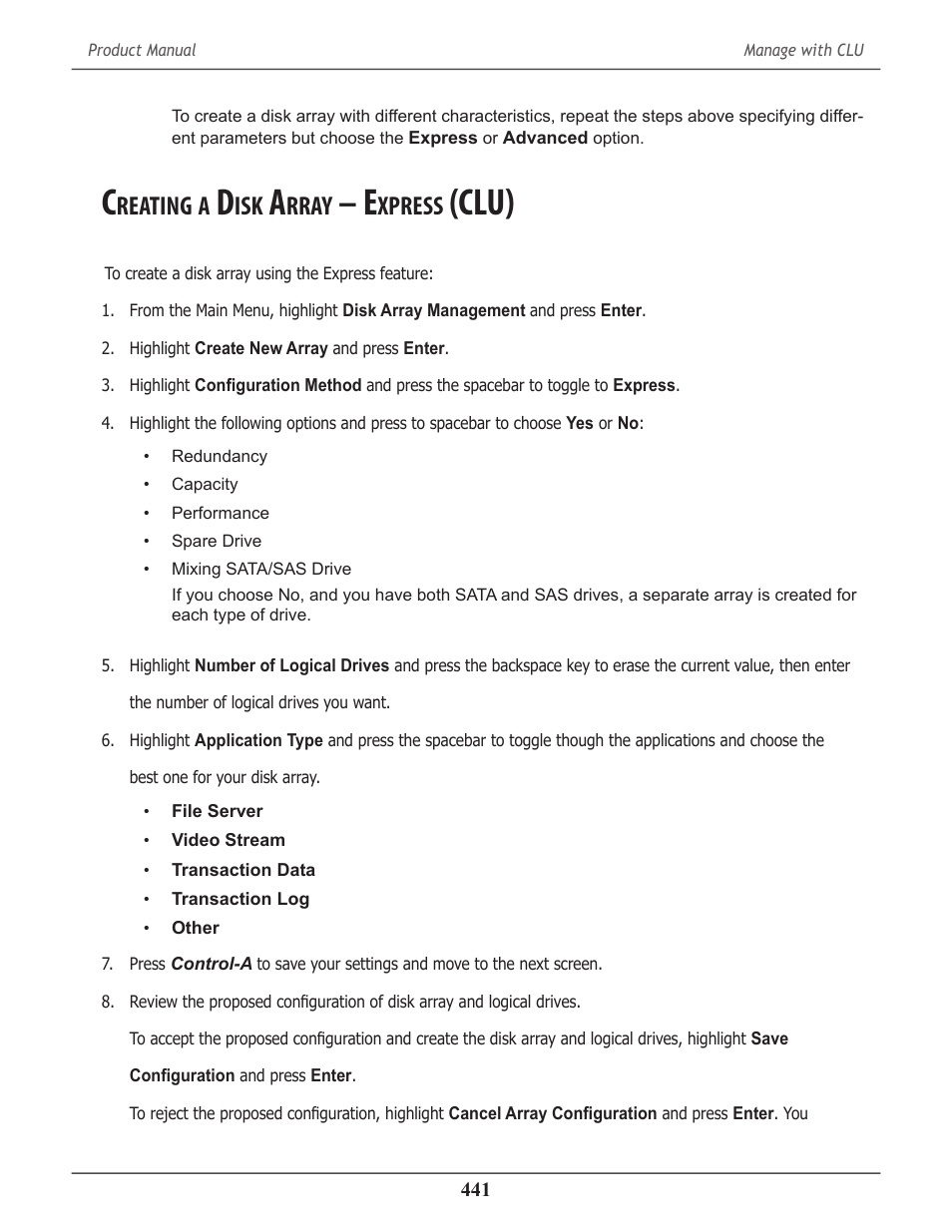 Creating a disk array – express (clu), Reating, Rray | Xpress, Clu) 441, Clu) | Promise Technology 2-Year Extended Warranty for VessR2000 RAID Head User Manual | Page 468 / 705