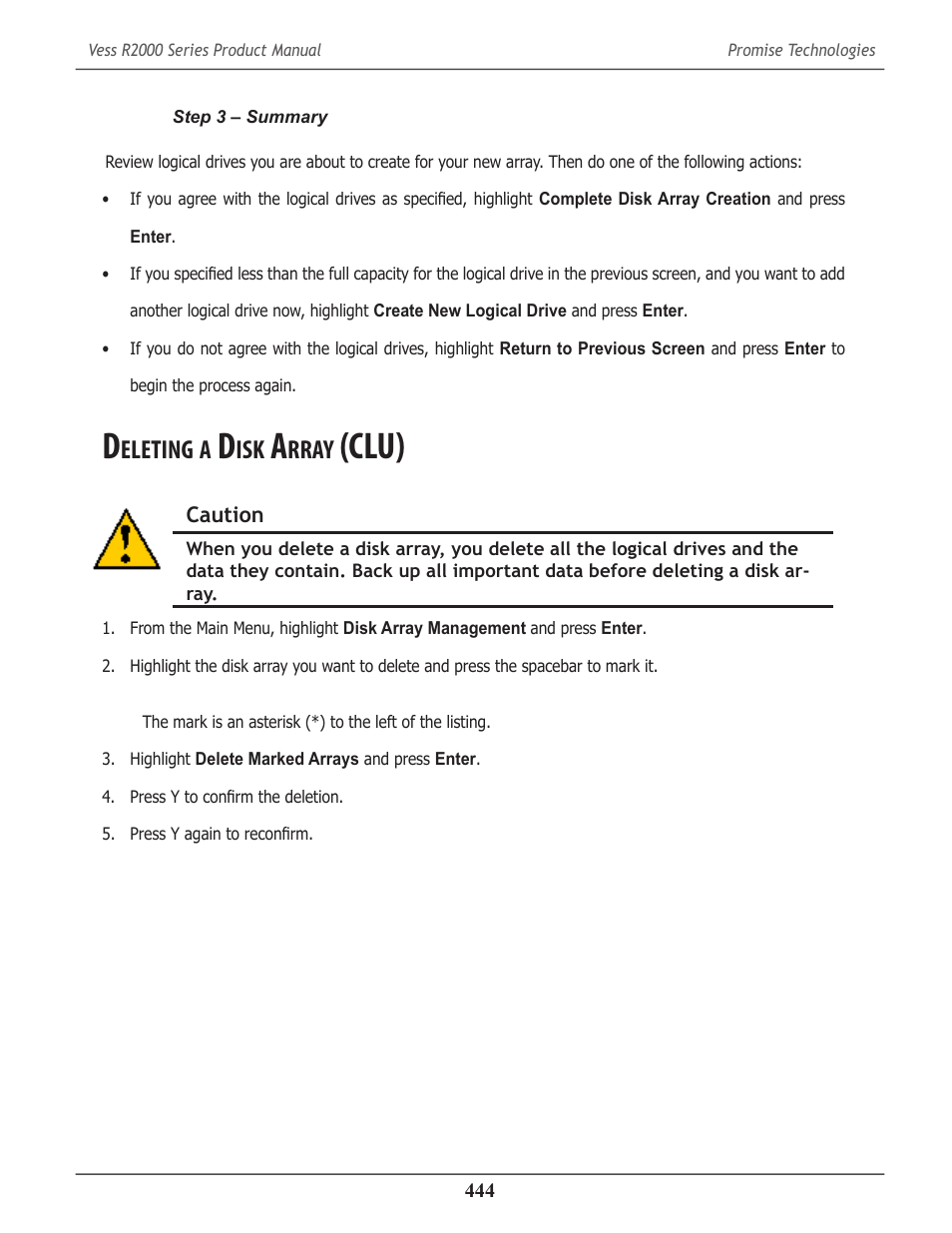 Deleting a disk array (clu), Eleting, Rray | Clu) 444, Clu) | Promise Technology 2-Year Extended Warranty for VessR2000 RAID Head User Manual | Page 471 / 705