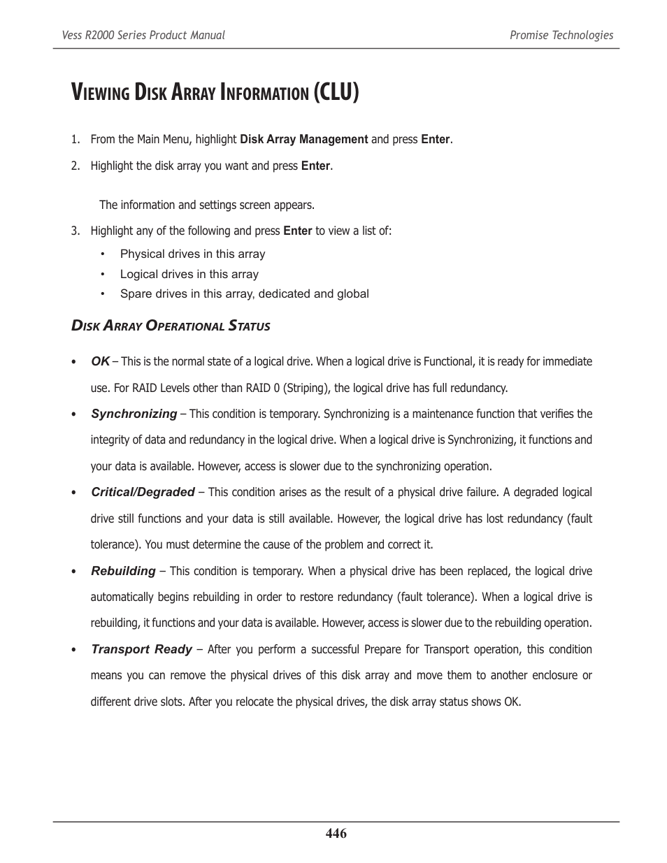 Viewing disk array information (clu), Disk array operational status, Iewing | Rray, Nformation, Clu) 446, Perational, Tatus, Clu) | Promise Technology 2-Year Extended Warranty for VessR2000 RAID Head User Manual | Page 473 / 705