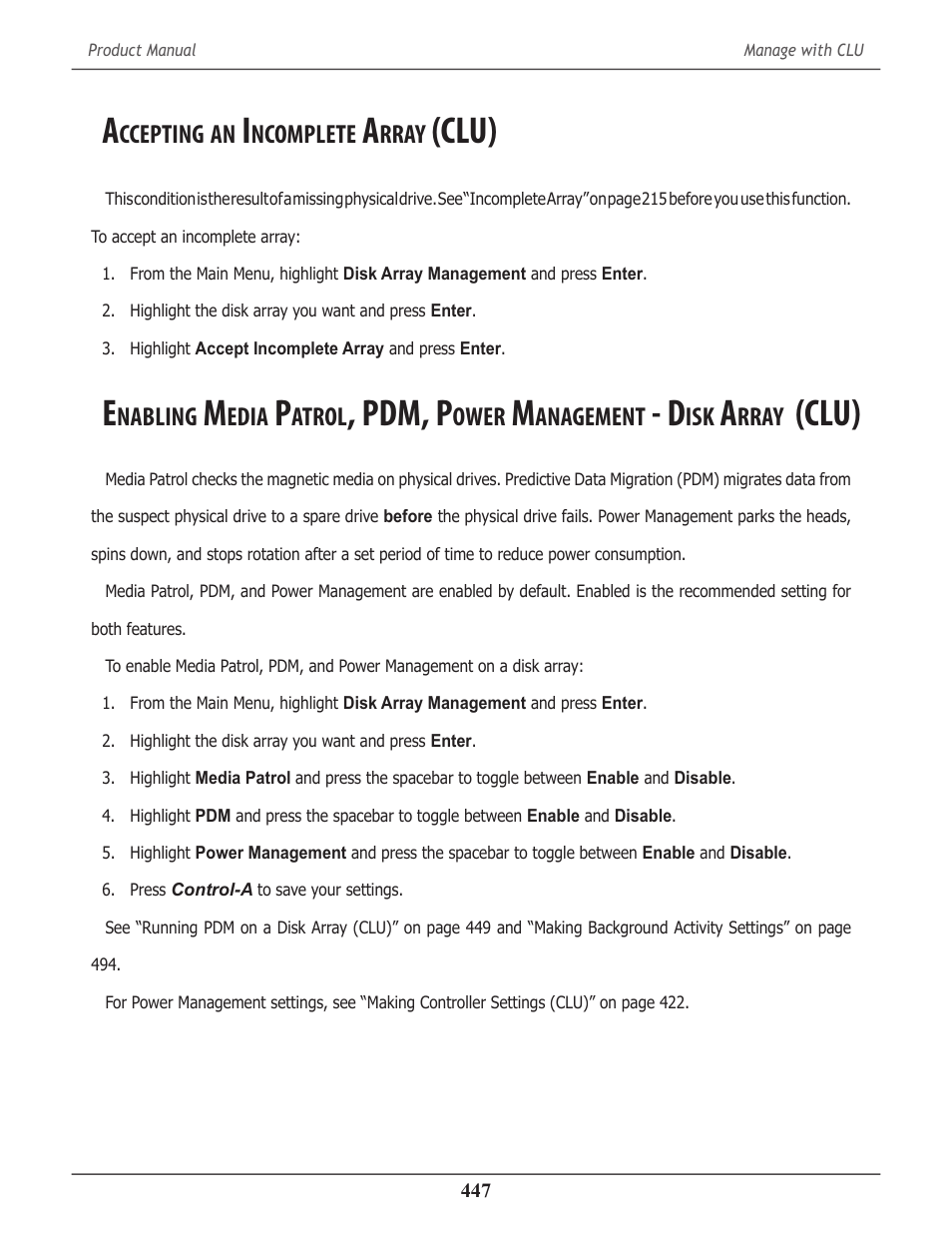 Accepting an incomplete array (clu), Ccepting, Ncomplete | Rray, Clu) 447, Nabling, Edia, Atrol, Pdm, p, Ower | Promise Technology 2-Year Extended Warranty for VessR2000 RAID Head User Manual | Page 474 / 705